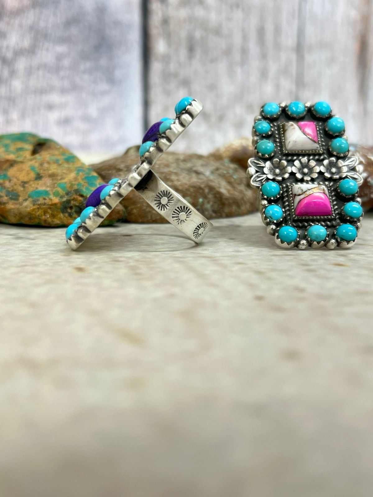 Handmade Sterling Silver Cotton Candy with Kingman, Grape Dahlia with Kingman Adjustable Ring, Signed Nizhoni