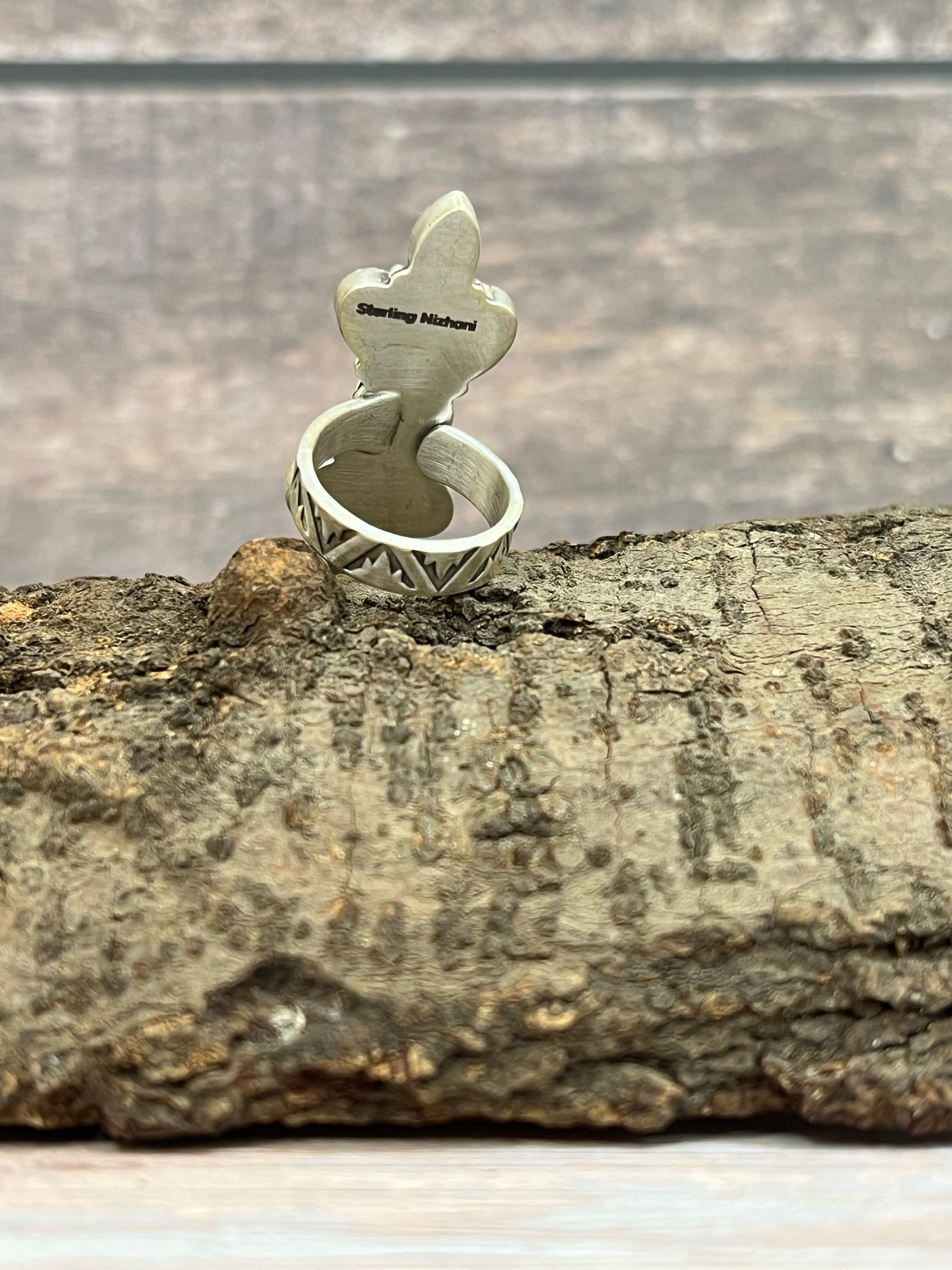 Handmade Sterling Silver Kingman Turquoise Adjustable Ring with Signed Nizhoni (5)