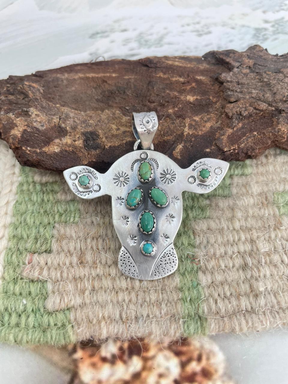 Handmade Sterling Silver Kingman Turquoise Bull Pendant "Signed Nizhoni"
