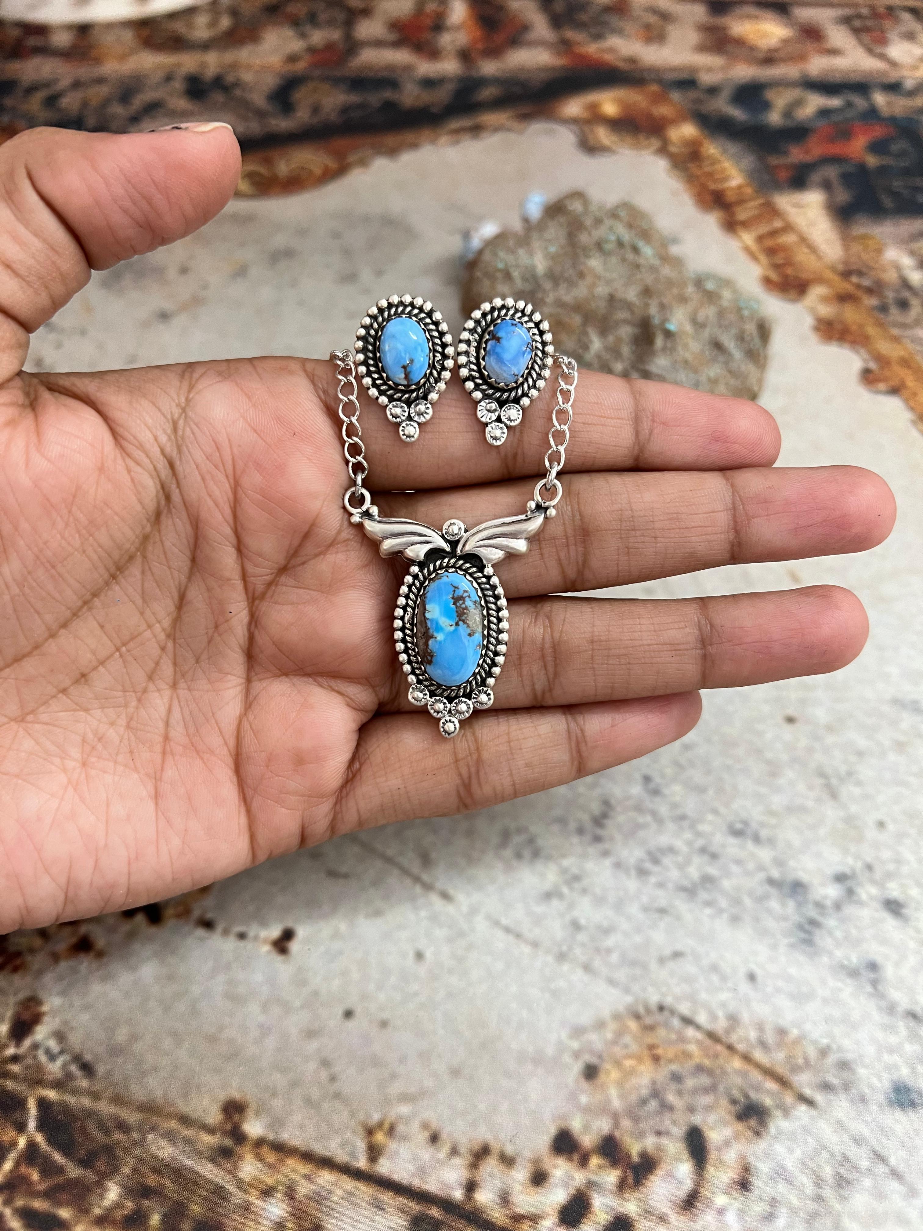 Handmade Sterling Silver Golden Hills Turquoise Necklace Earrings Set with Signed Nizhoni