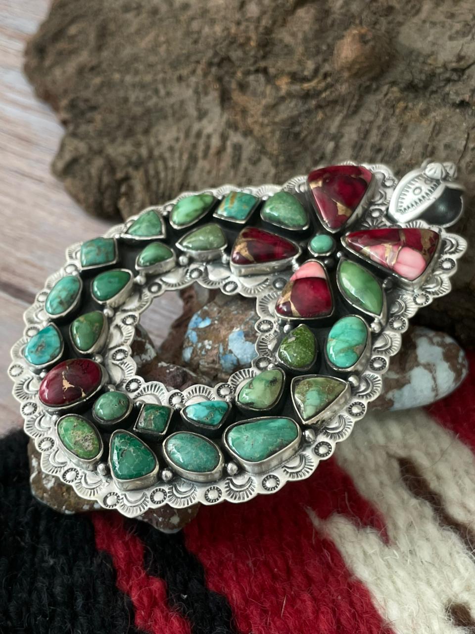 Handmade Sterling Silver Dahlia Rose with Emerald Valley Turquoise Pendant "Signed Nizhoni"