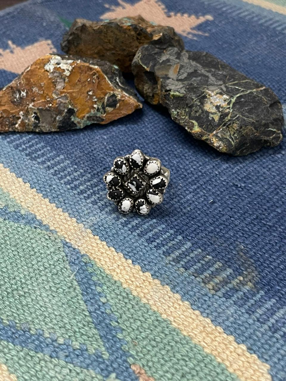 Handmade Sterling Silver White Buffalo Turquoise Adjustable Ring " Signed Nizhoni"