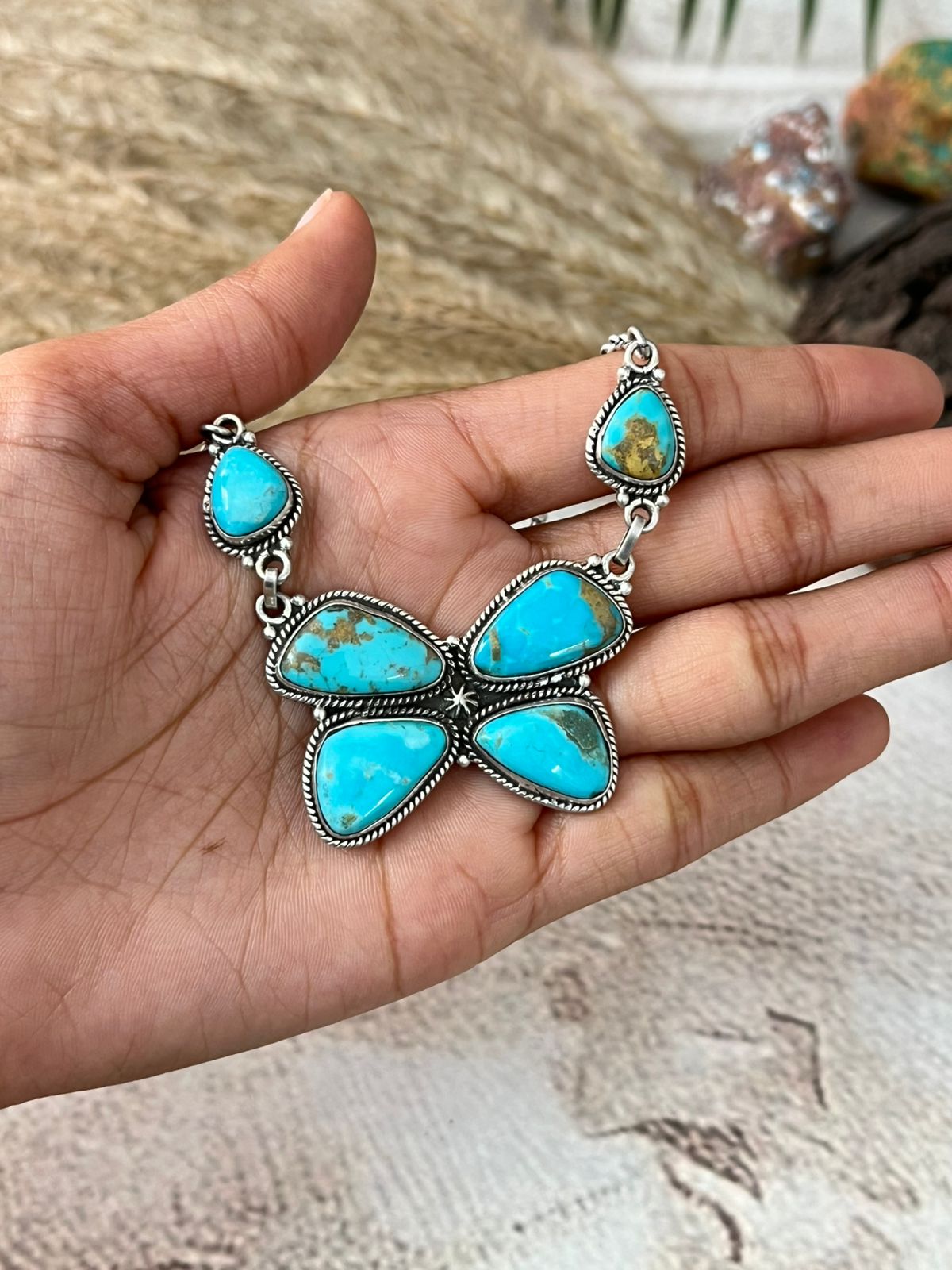 Handmade Sterling Silver Santa Maria Turquoise Butterfly Necklace "Signed Nizhoni"