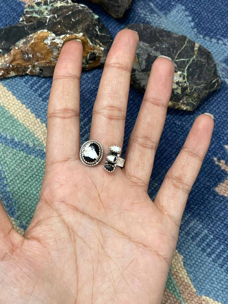 Handmade Sterling Silver White Buffalo Turquoise Adjustable Ring " Signed Nizhoni"