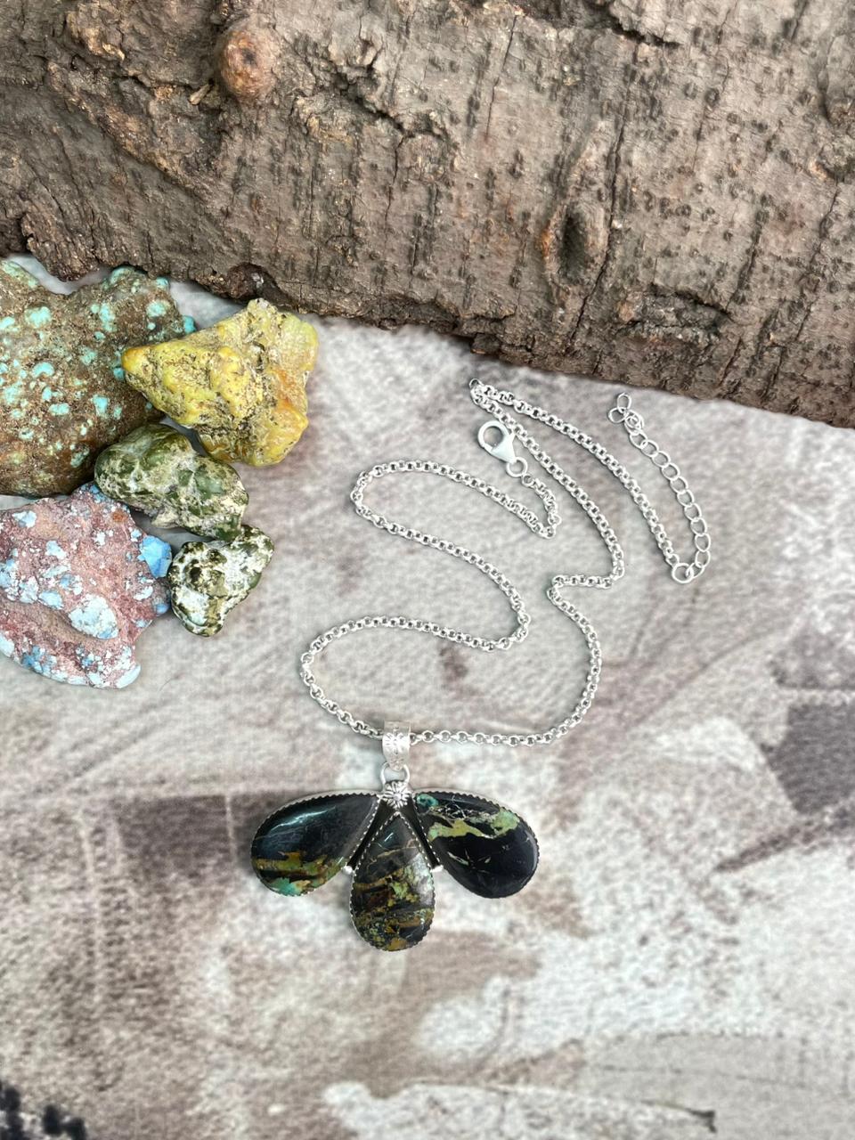 Handmade Sterling Silver Blackjack Turquoise Necklace "Signed Nizhoni"