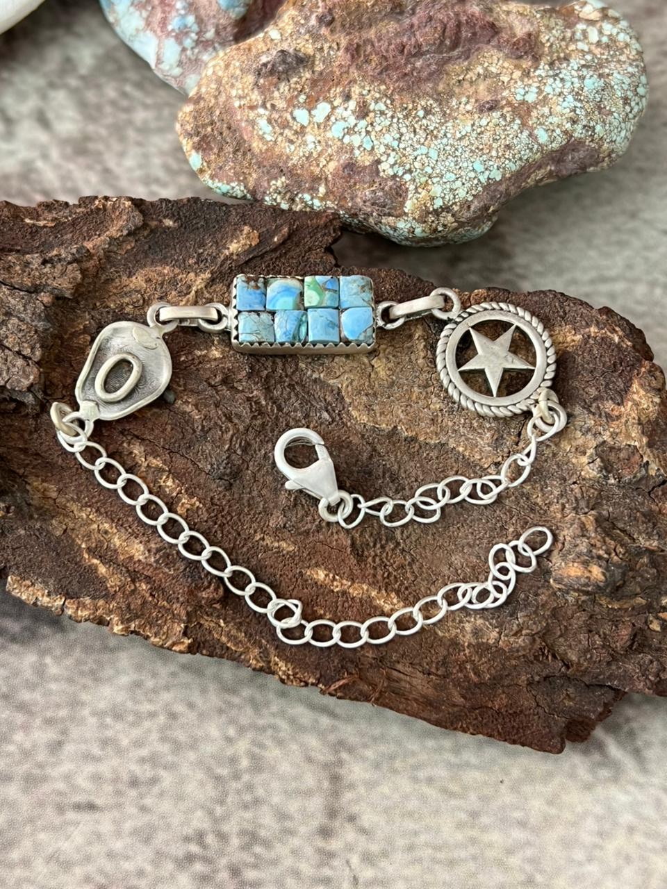 Handmade Sterling Silver Golden Hills Turquoise Cobble Collection Chain Bracelet "Signed Nizhoni"