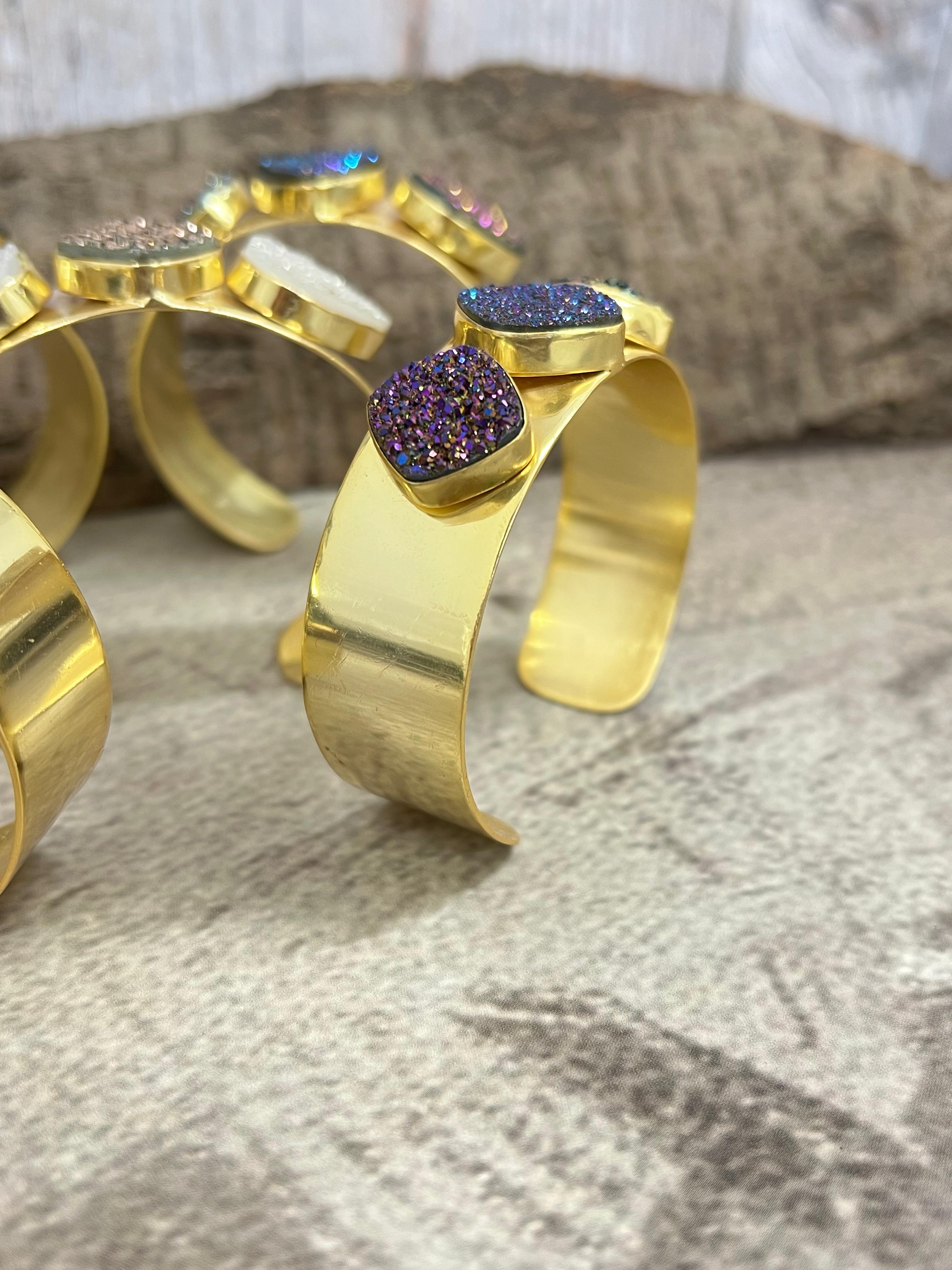 “The Boho Collection” Handmade Natural Gold Plated 3 Stone Druzy Cuff Bracelet