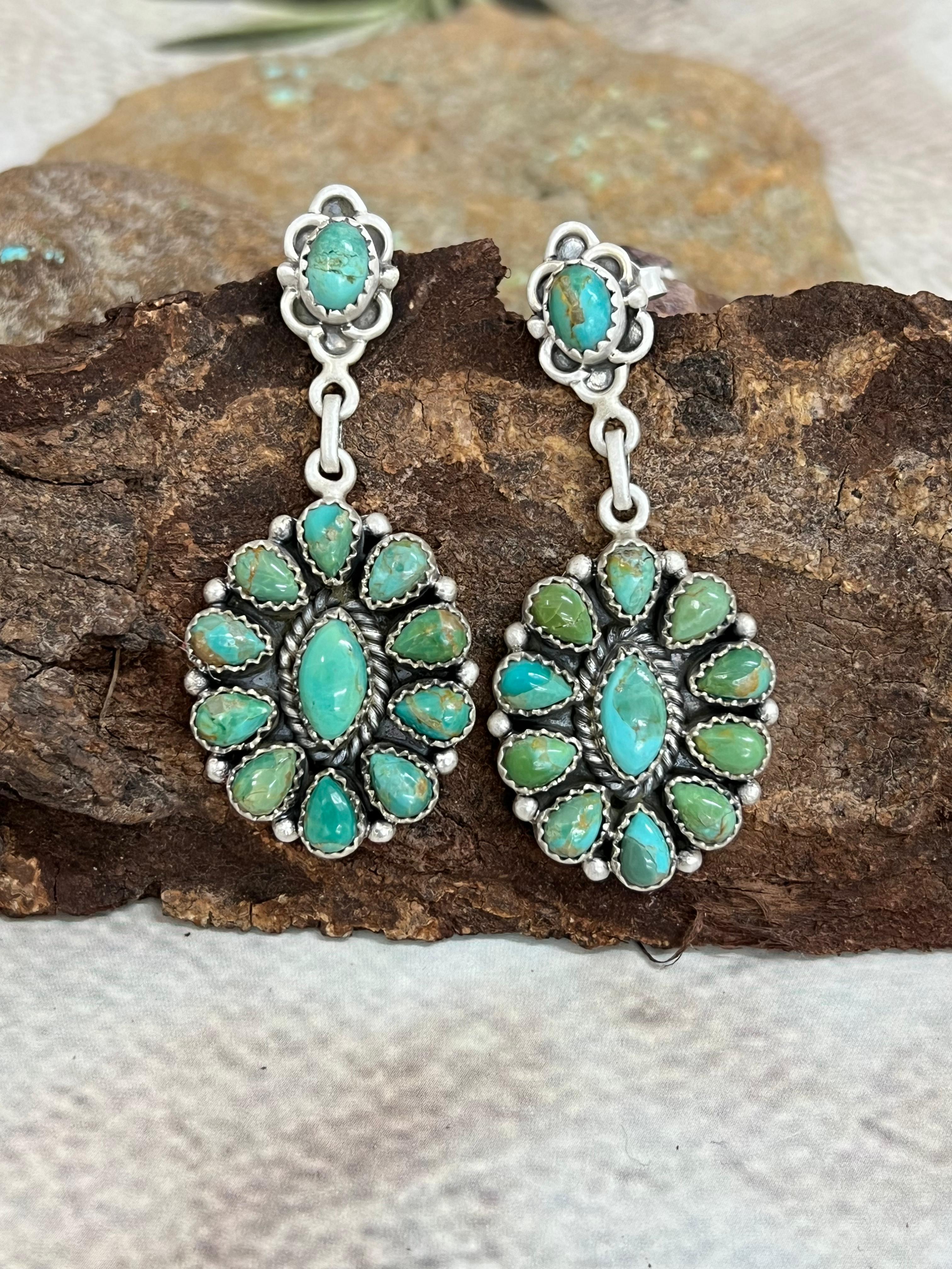 Handmade Sterling Silver Kingman Turquoise Post Dangle Earrings with Signed Nizhoni