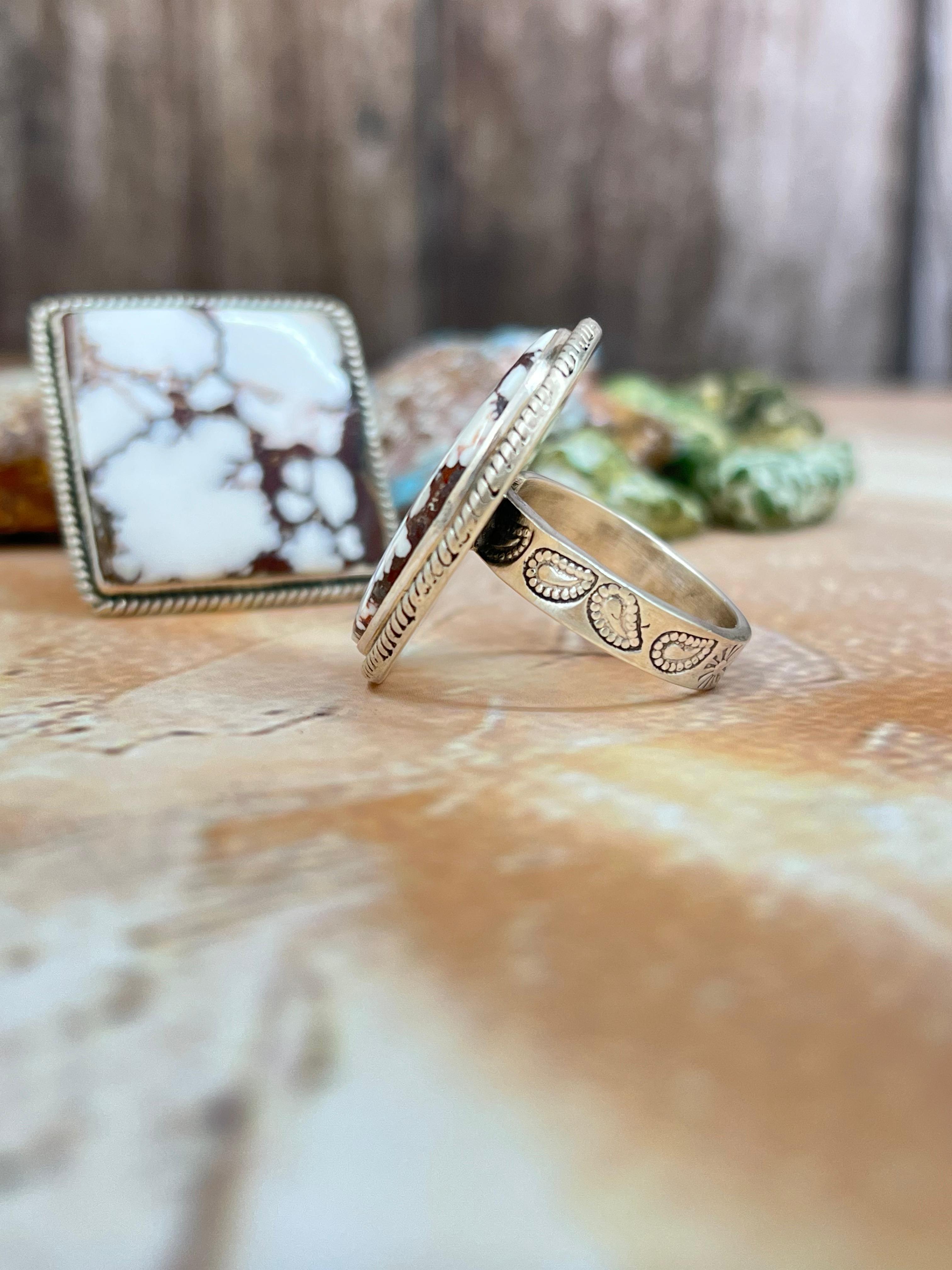 Handmade Sterling Silver Wild Horse Turquoise Adjustable lRing with Signed Nizhoni