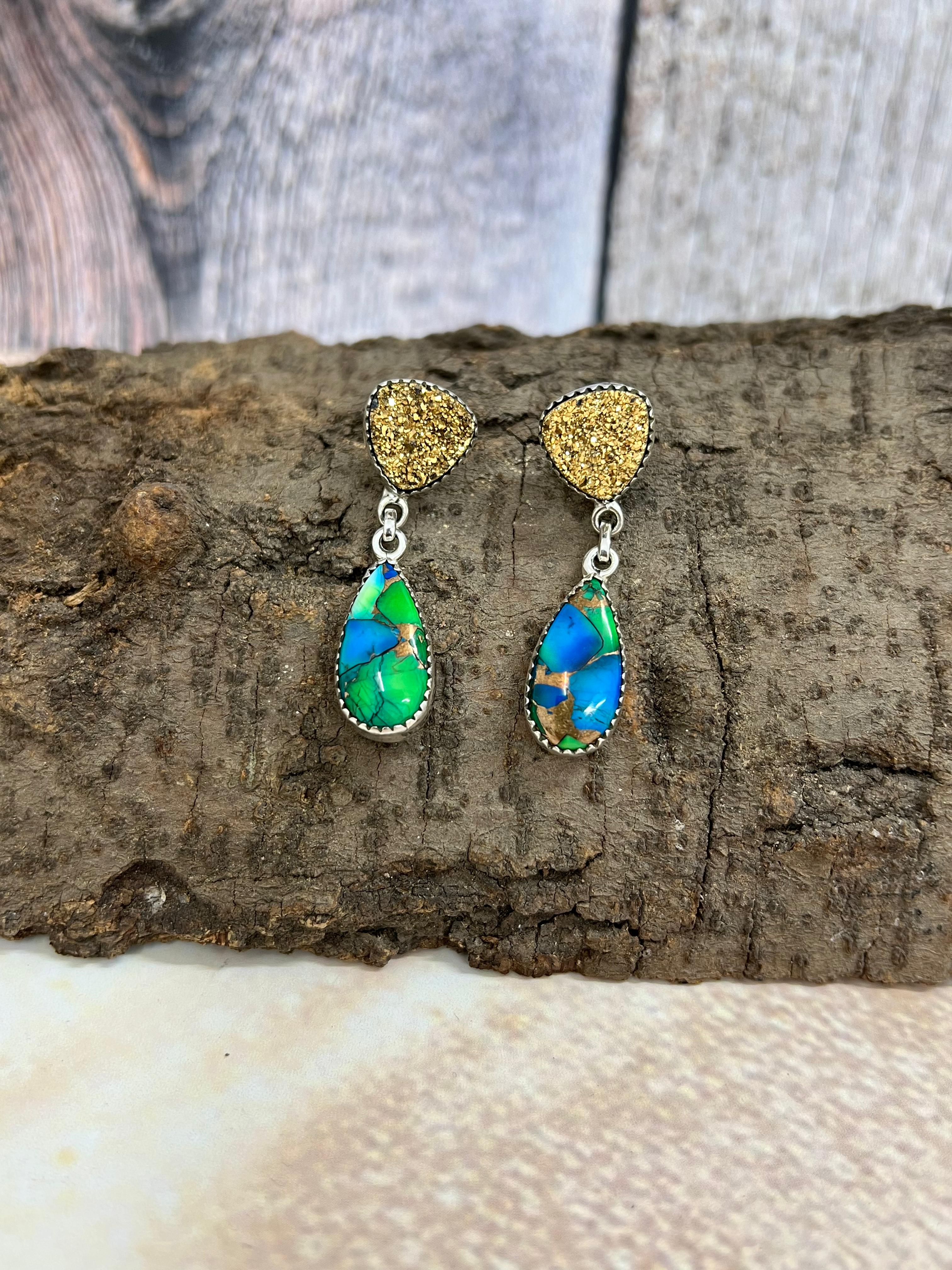 Handmade Sterling Silver Peacock Dahlia with Druzy Dangle Earrings with Signed Nizhoni