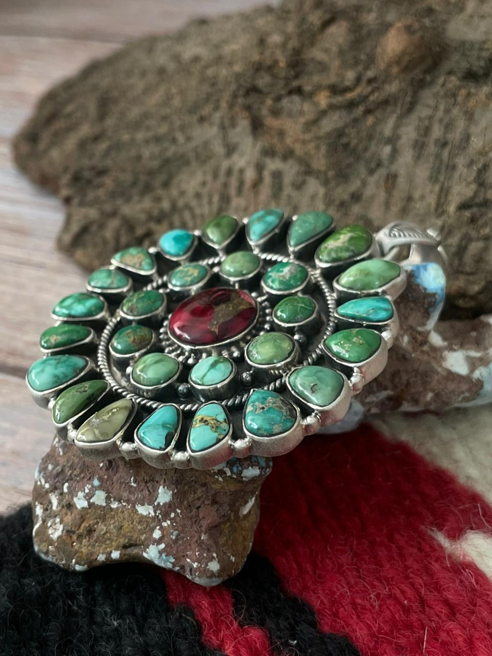 Handmade Sterling Silver Dahlia Rose with Emerald Valley Turquoise Pendant "Signed Nizhoni"