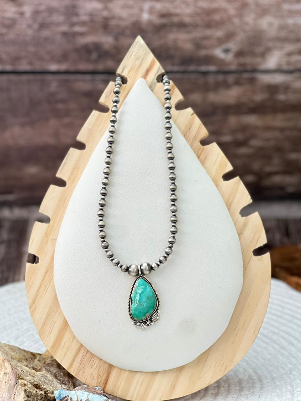 Handmade Sterling Silver Beaded Mantis Turquoise Necklace "Signed Nizhoni"