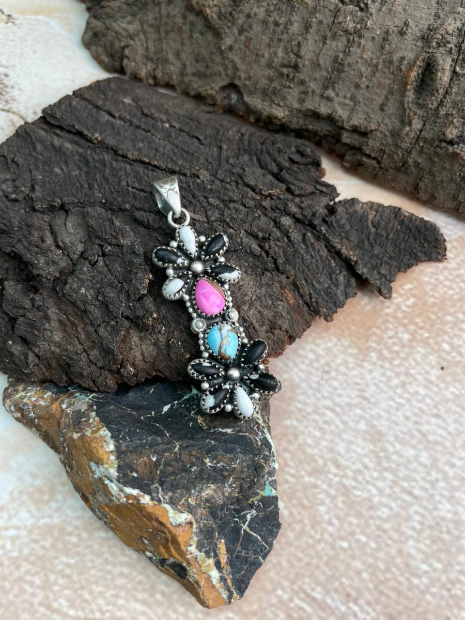 Added Handmade Sterling Silver White Buffalo with Cotton Candy Pendant "Signed Nizhoni"