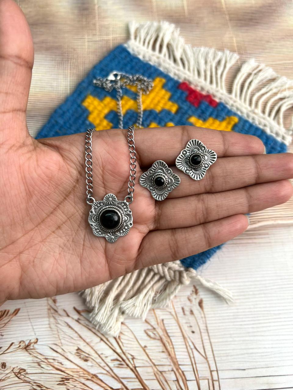 Handmade Sterling Silver Black Onyx Necklace Earrings Set "Signed Nizhoni"