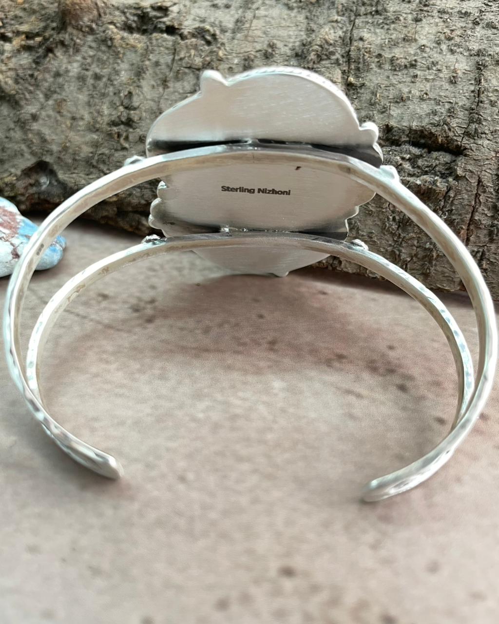Handmade Sterling Silver Mantis Turquoise Cuff Bracelet with Signed Nizhoni