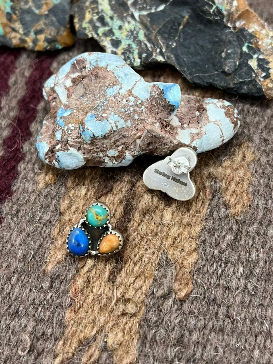 Handmade Sterling Silver Lapis with Kingman Turquosie and Orange Mojave Post Studs Earrings "Signed Nizhoni"