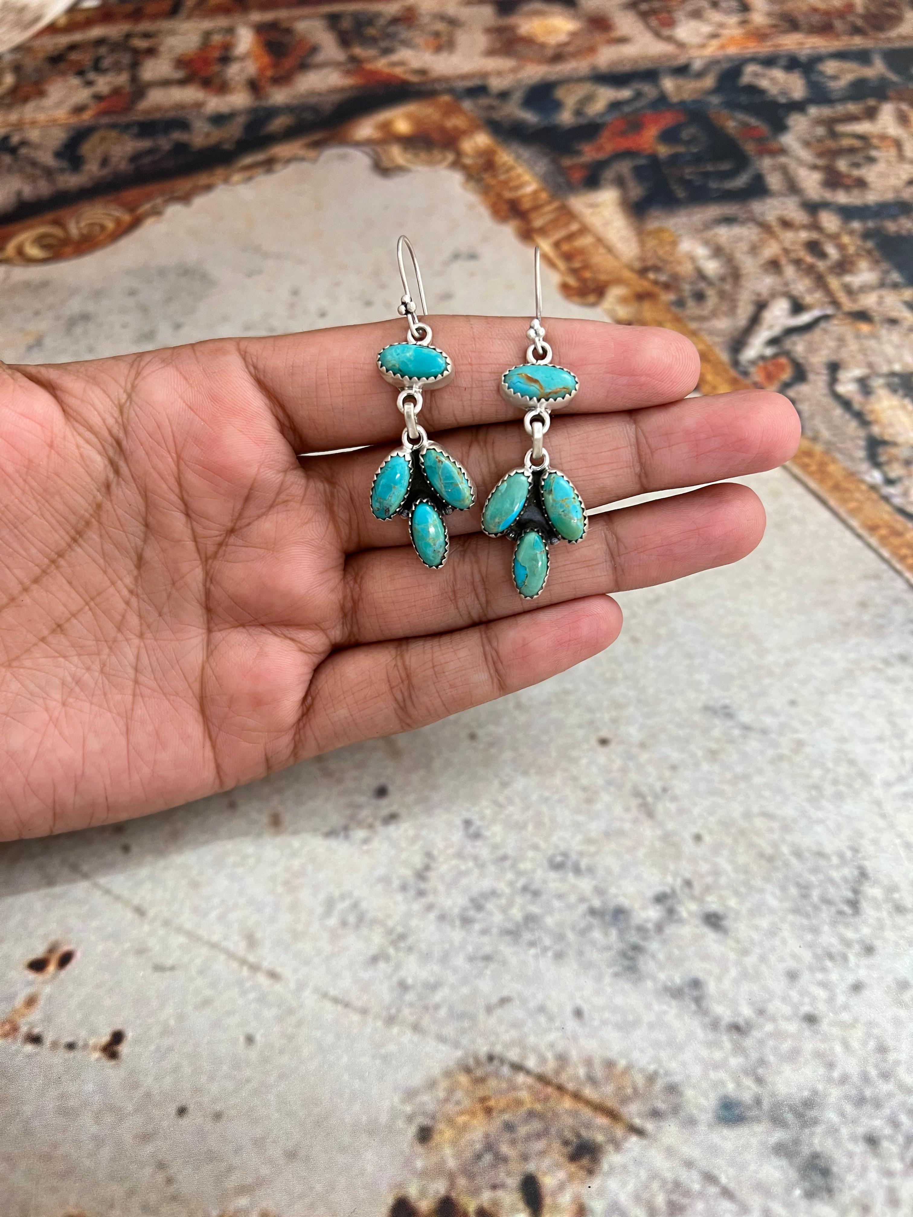 Handmade Sterling Silver Kingman Turquoise Post Dangle Earrings with Signed Nizhoni