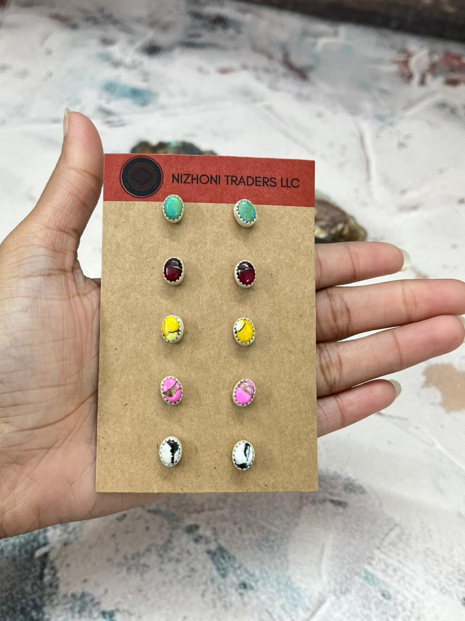 Handmade Sterling Silver Multistone Post Earring Set "Signed Nizhoni".