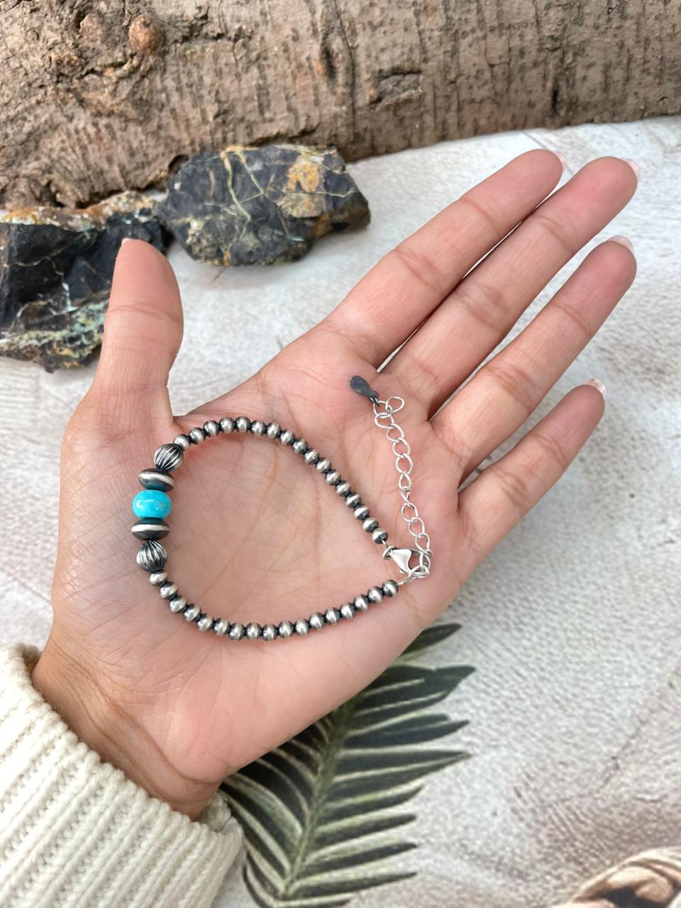 Handmade Sterling Silver Beaded Kingman Turquoise Bracelet