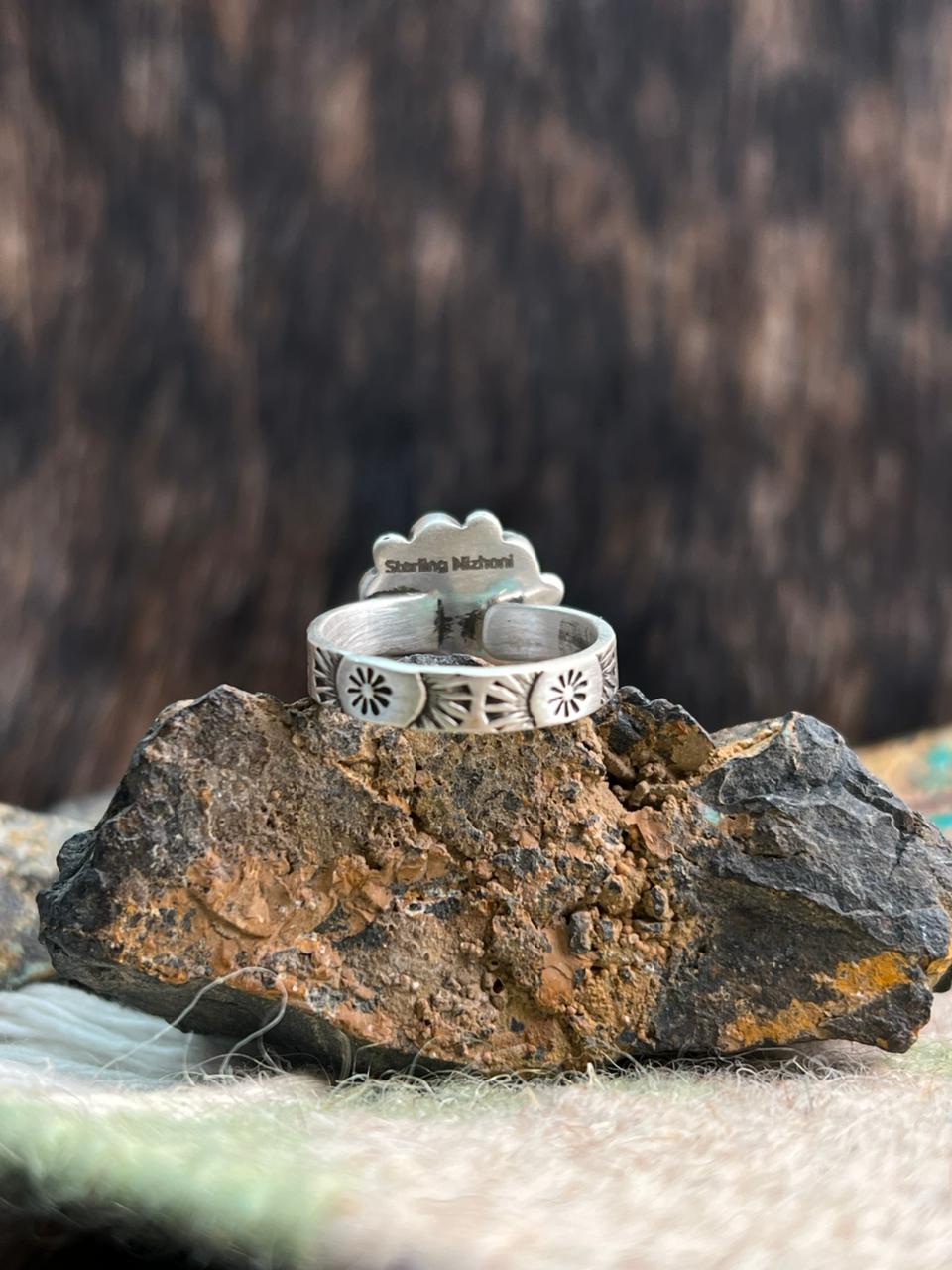 Handmade Sterling Silver Kingman Turquoise Adjustable Ring "Signed Nizhoni"
