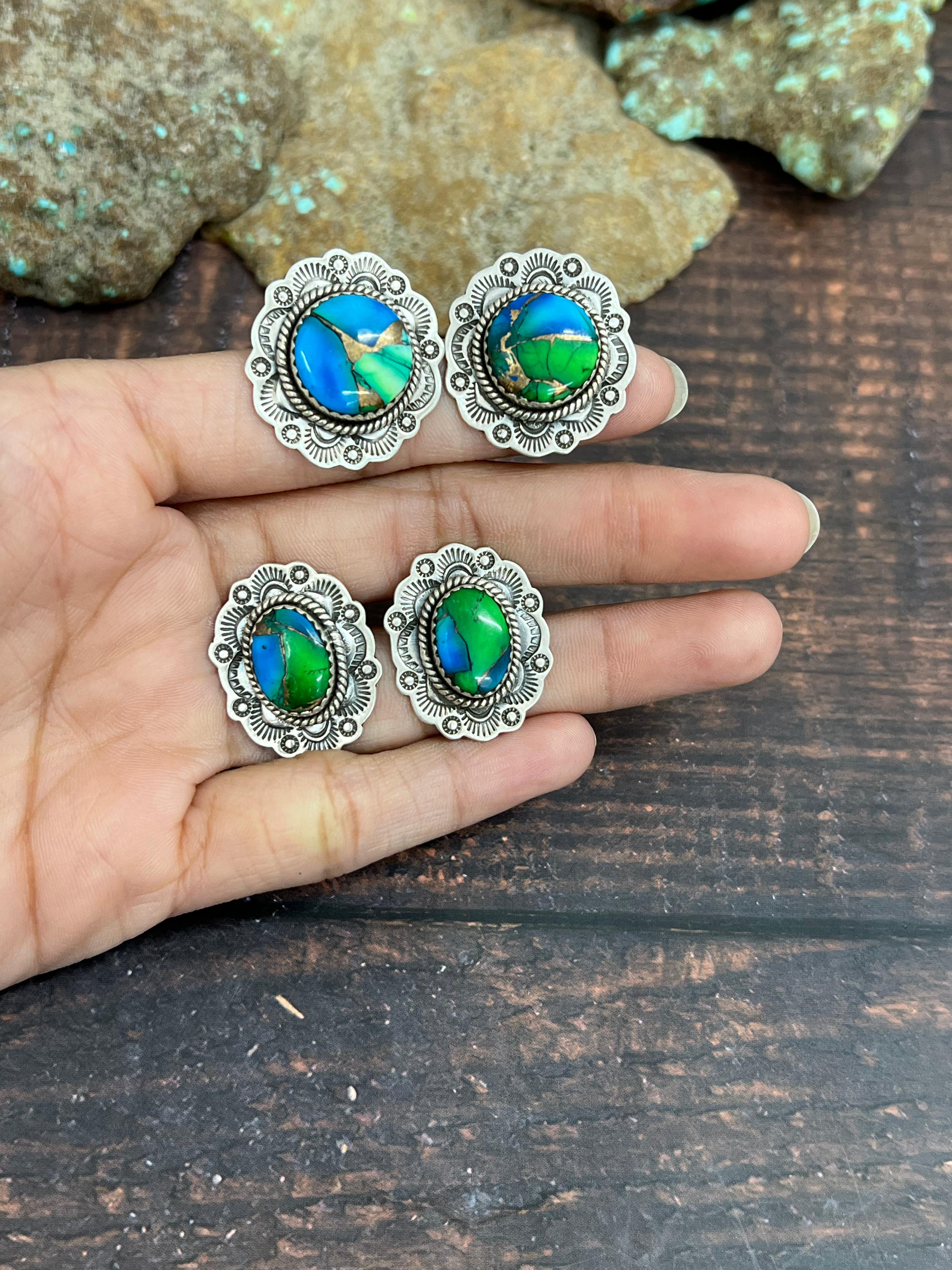 Handmade Sterling Silver Peacock Dahlia Post Earrings with Signed Nizhoni