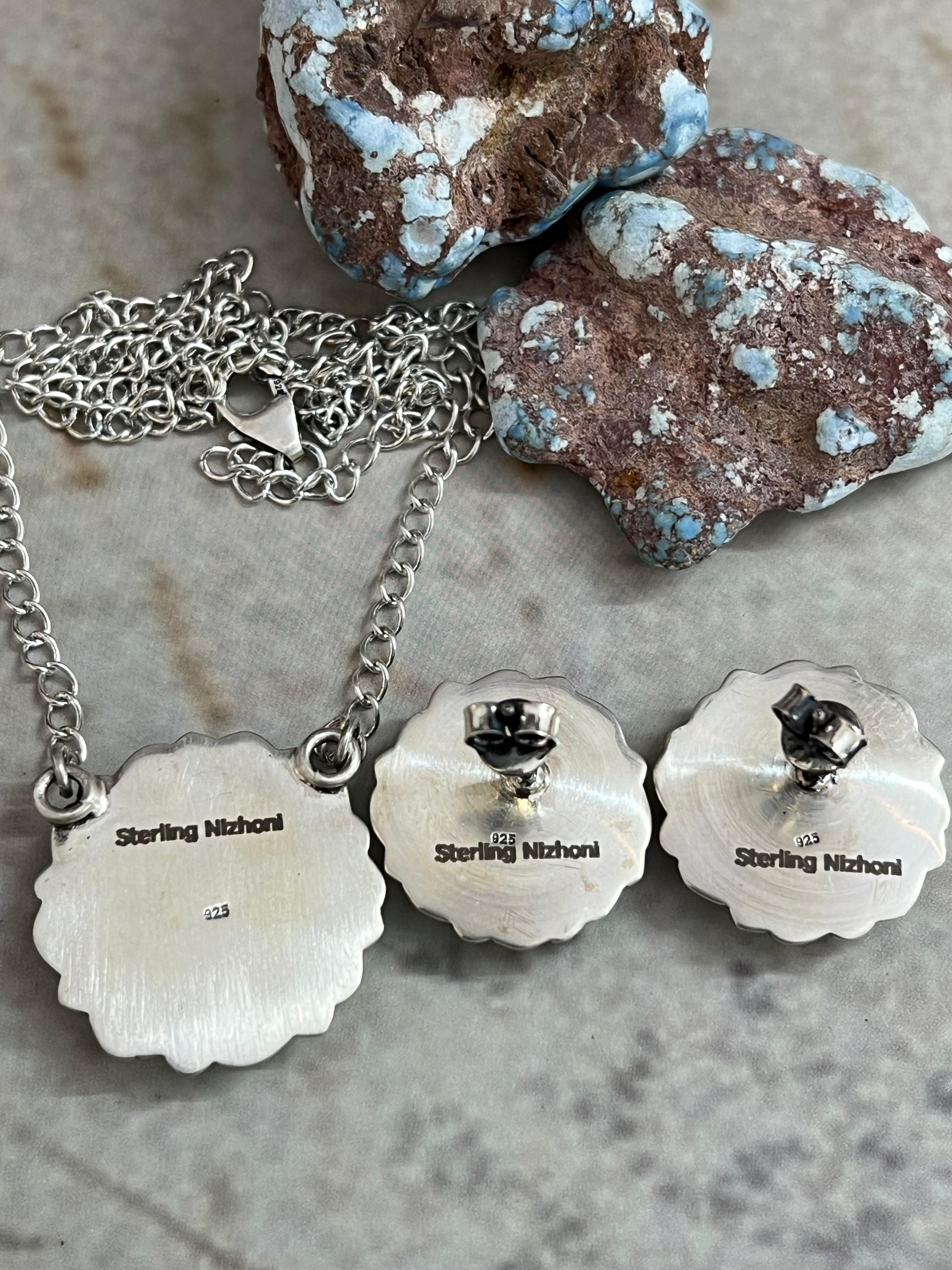 Handmade Sterling Silver White Buffalo Necklace Earrings Set with Signed Nizhoni