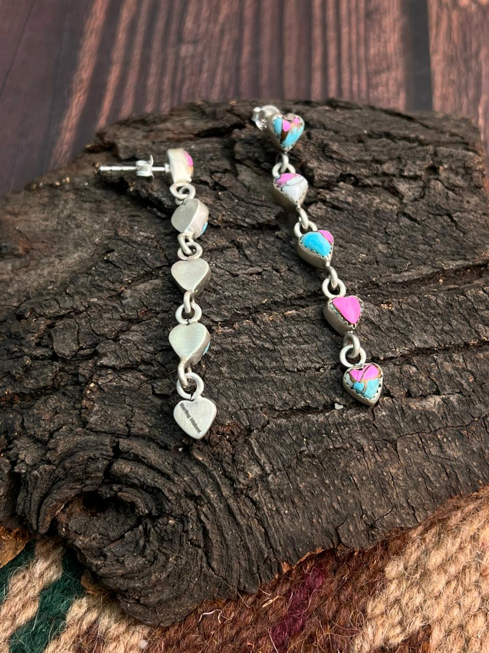 "Heart Collection" Handmade Sterling Silver Cotton Candy Post Dangle Earrings "Signed Nizhoni"