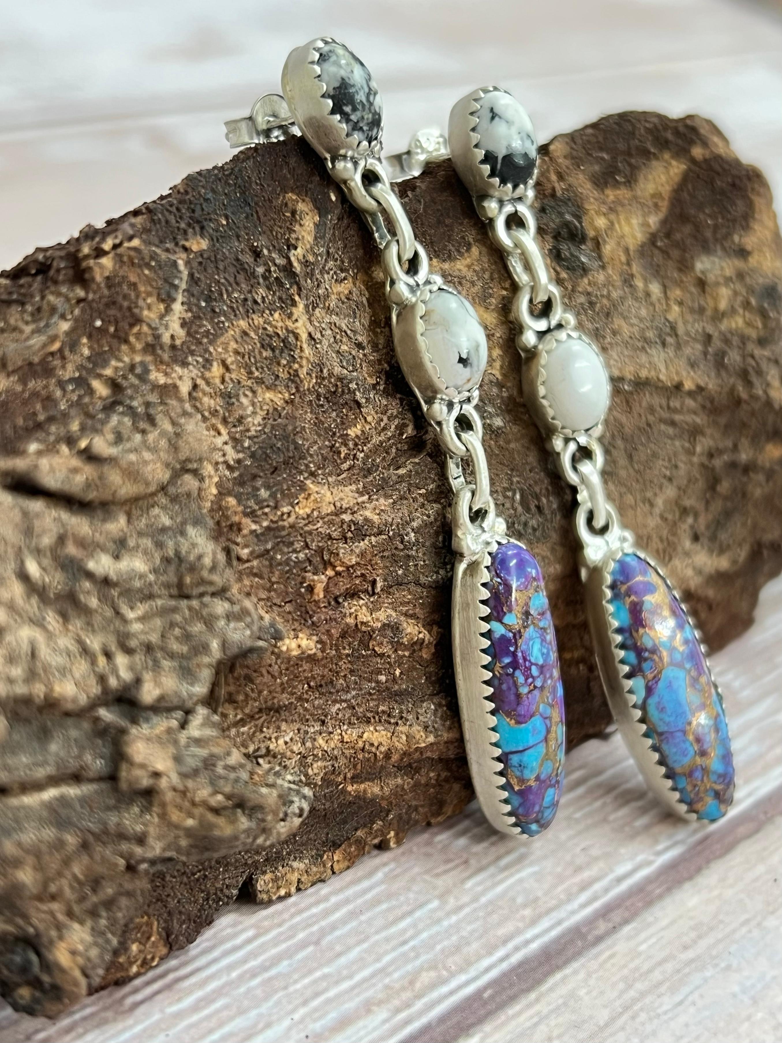 Handmade Sterling Silver Purple Kingman Mojave with White Buffalo Turquoise Dangle Earrings, Signed Nizhoni