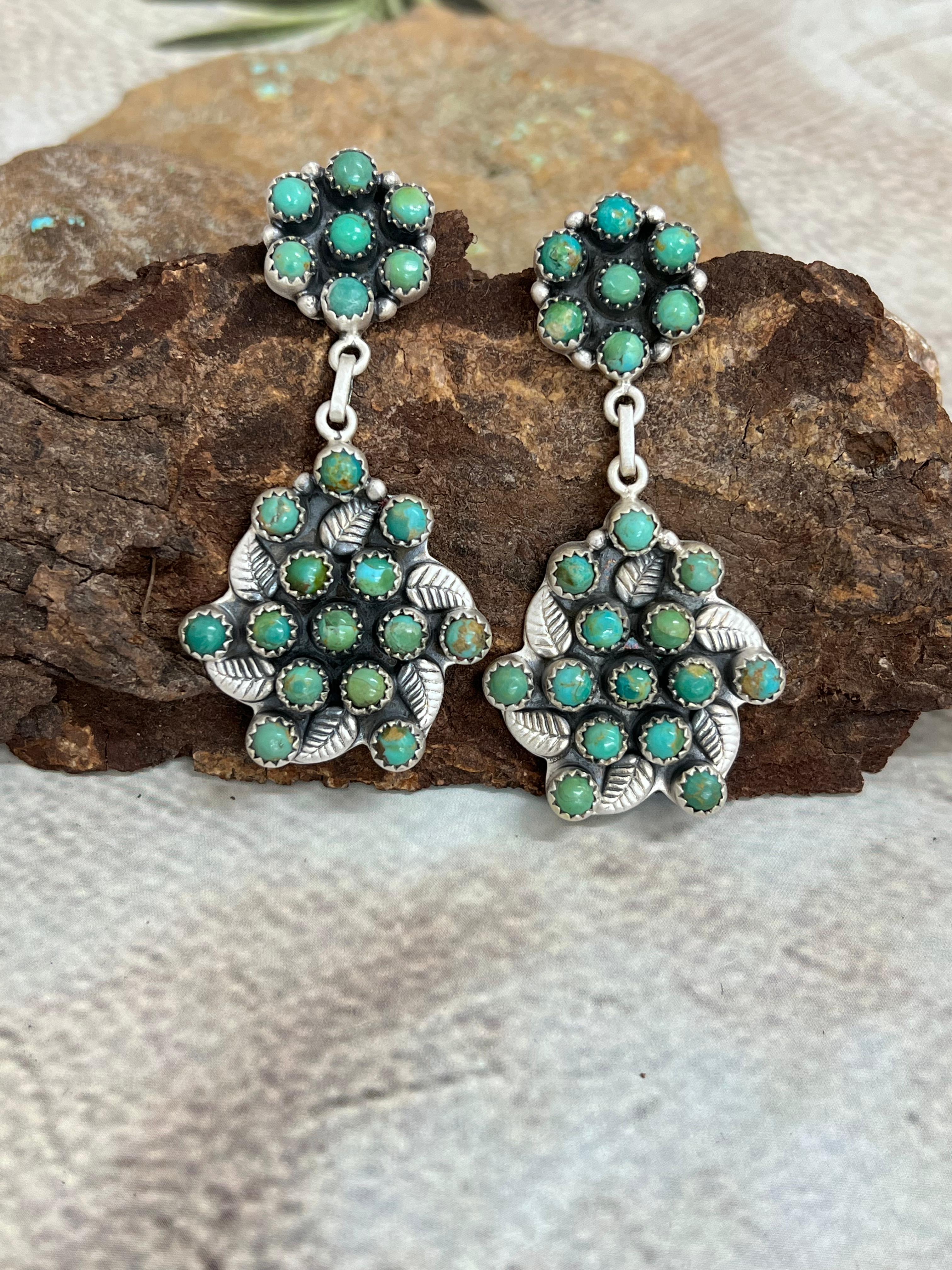 Handmade Sterling Silver Kingman Turquoise Post Dangle Earrings with Signed Nizhoni