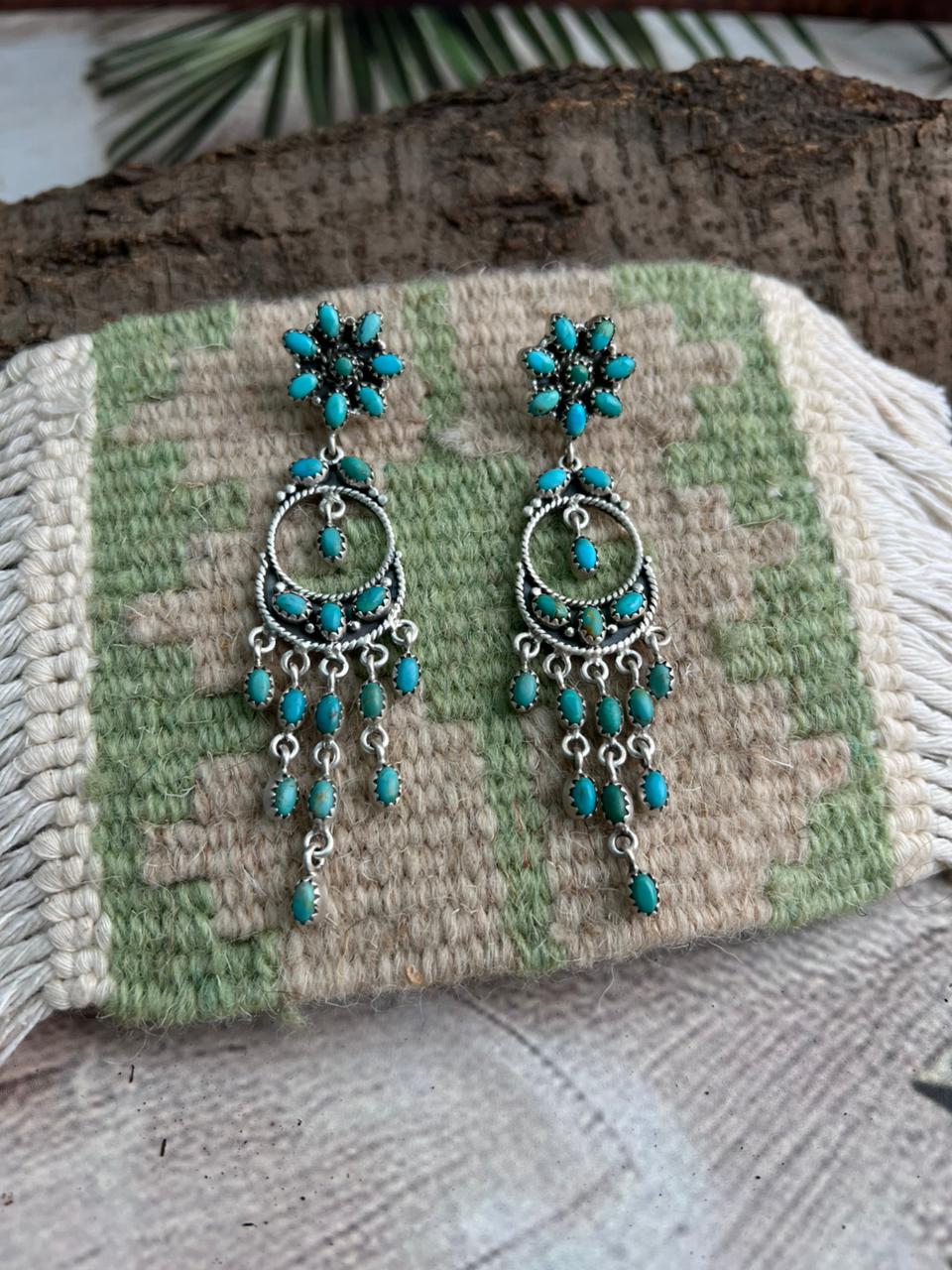Handmade Sterling Silver Kingman Turquoise Post Dangle Earrings "Signed Nizhoni"