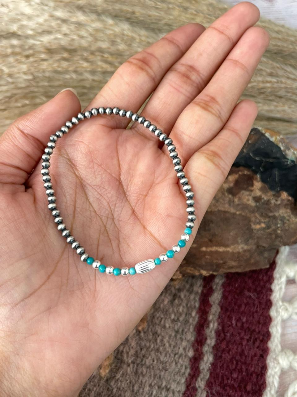 Handmade Sterling Silver Kingman Turquoise Stretch Bracelet