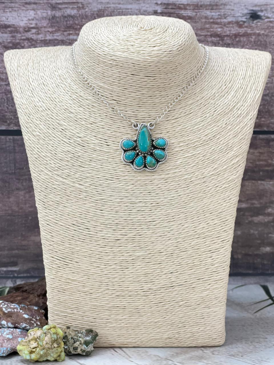 Handmade Sterling Silver Kingman Turquoise Necklace with Signed Nizhoni