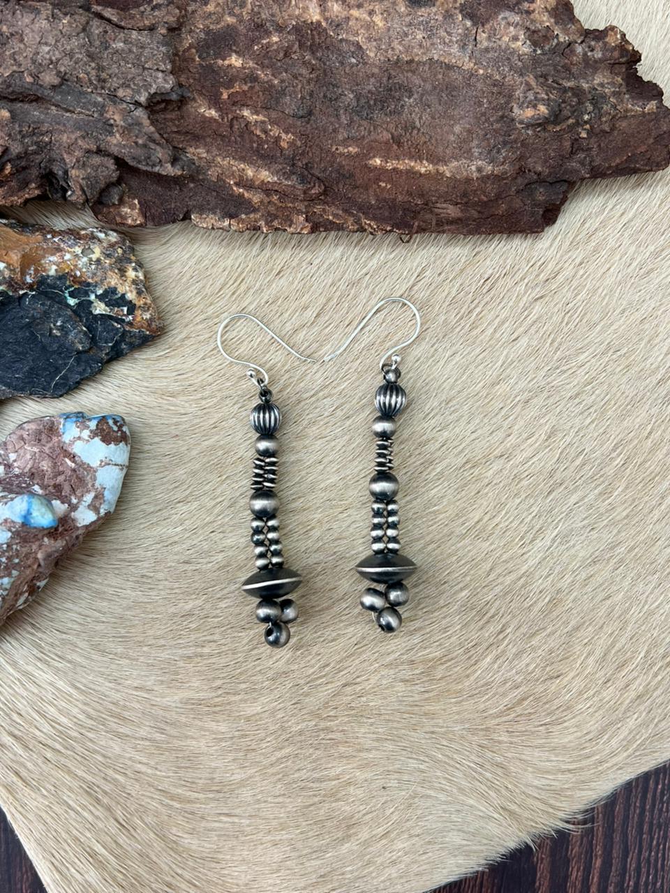 Handmade Sterling Silver Beaded Dangle Hook Earrings "Signed Nizhoni"