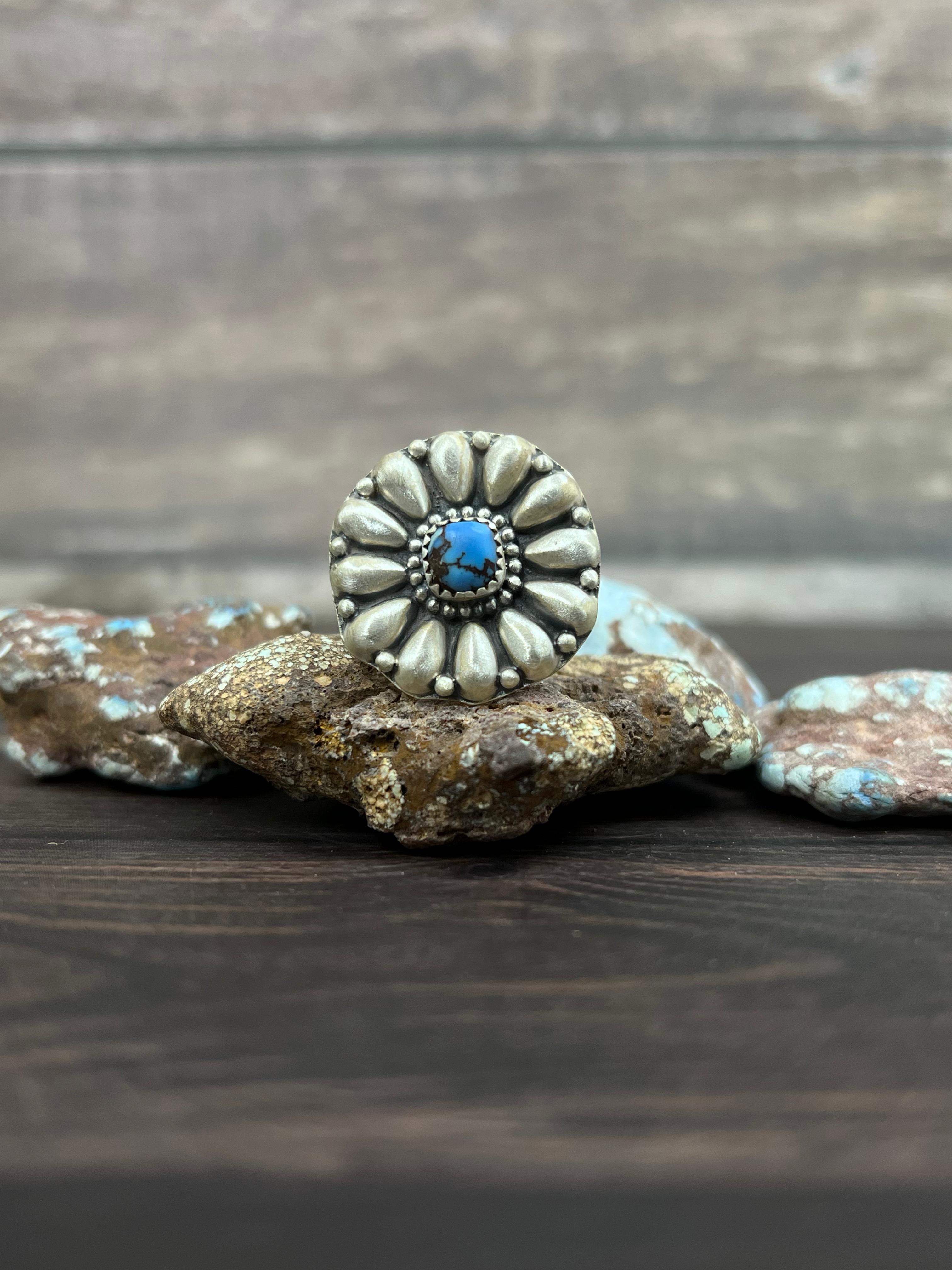 Handmade Sterling Silver with Golden Hills Turquoise Adjustable Ring With Signed Nizhoni