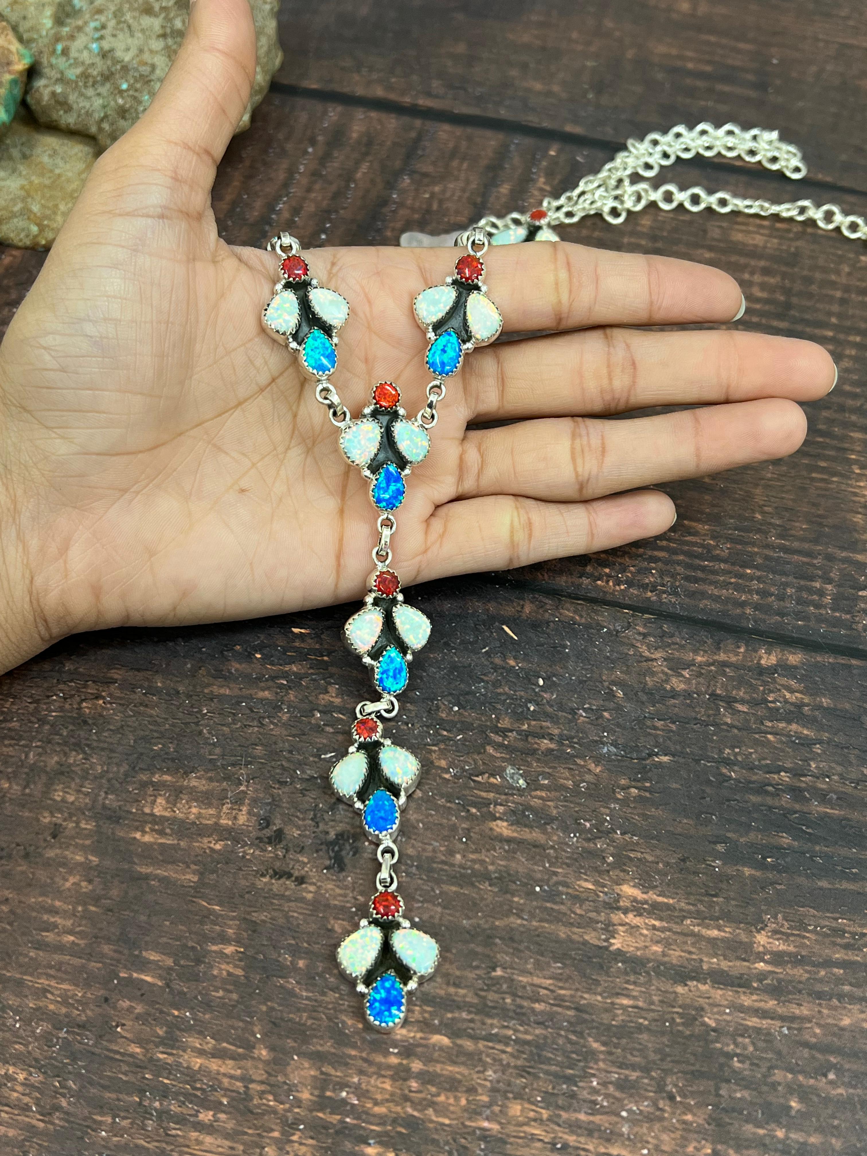 ** 4TH OF JULY ** Handmade Sterling Silver Synthetic Opal Necklace with Signed Nizhoni