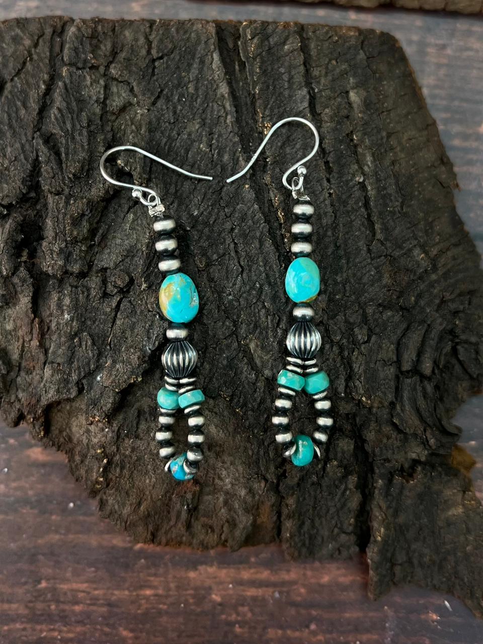 Handmade Sterling Silver Beaded Kingman with Mojave Hook Dangle Earrings