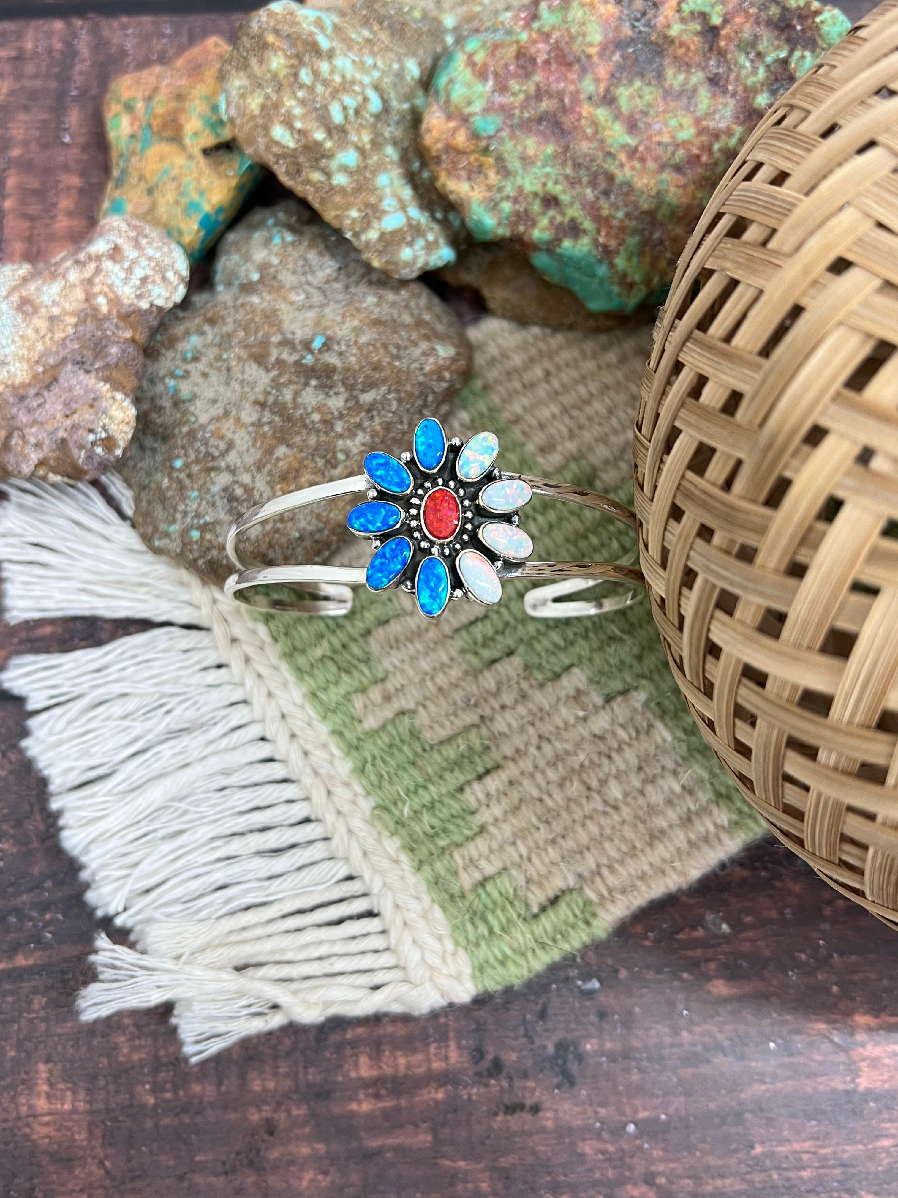 ** 4TH OF JULY ** Handmade Sterling Silver Synthetic Opal Cuff Bracelet with Signed Nizhoni