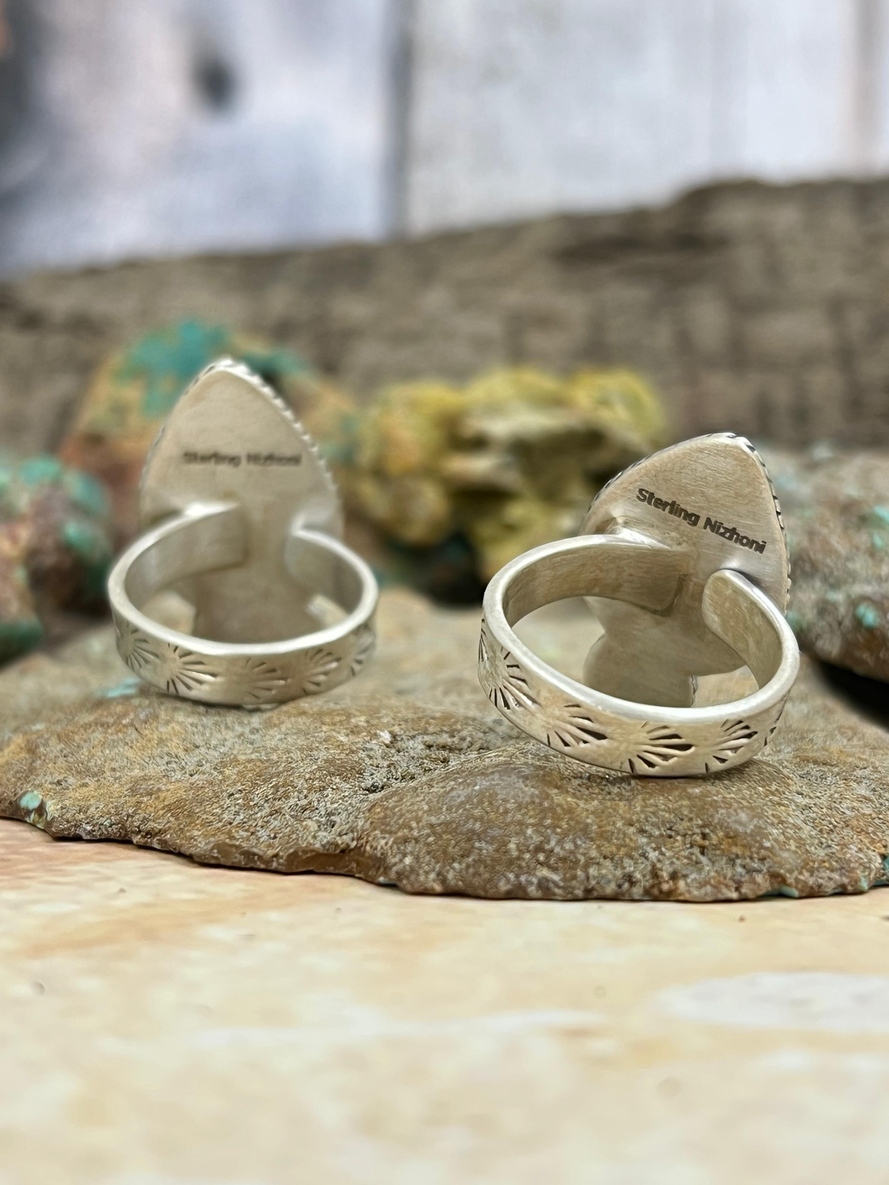 Handmade Sterling Silver Dahlia Rose with Honey Dahlia, Cotton Candy with White Buffalo Turquoise Adjustable Ring, Signed Nizhoni