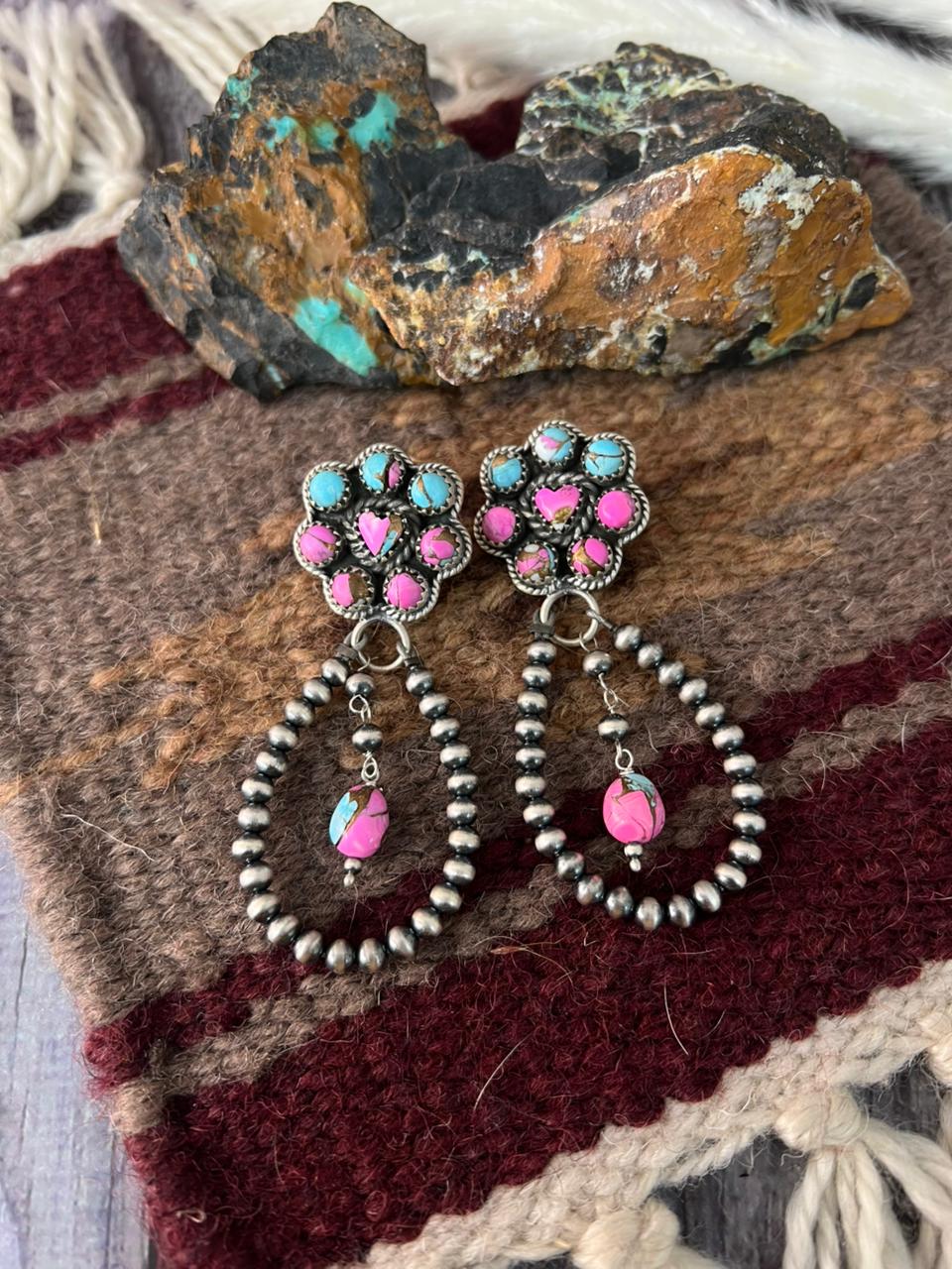Handmade Sterling Silver Cotton Candy Post Beaded Dangle Earrings "Signed Nizhoni"