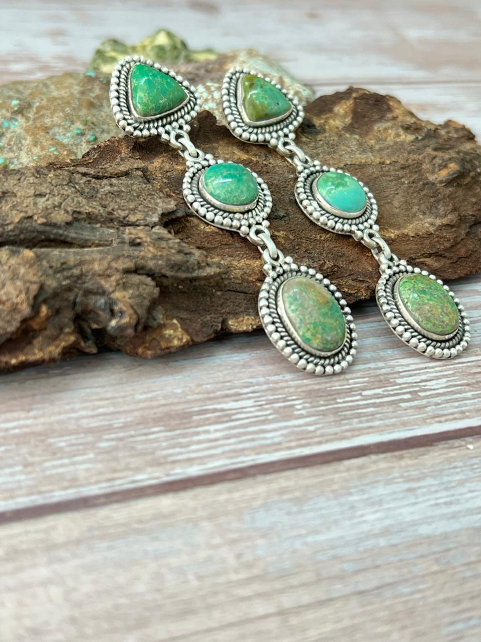 Handmade Sterling Silver Mantis Turquoise Post Dangle Earrings with Signed Nizhoni