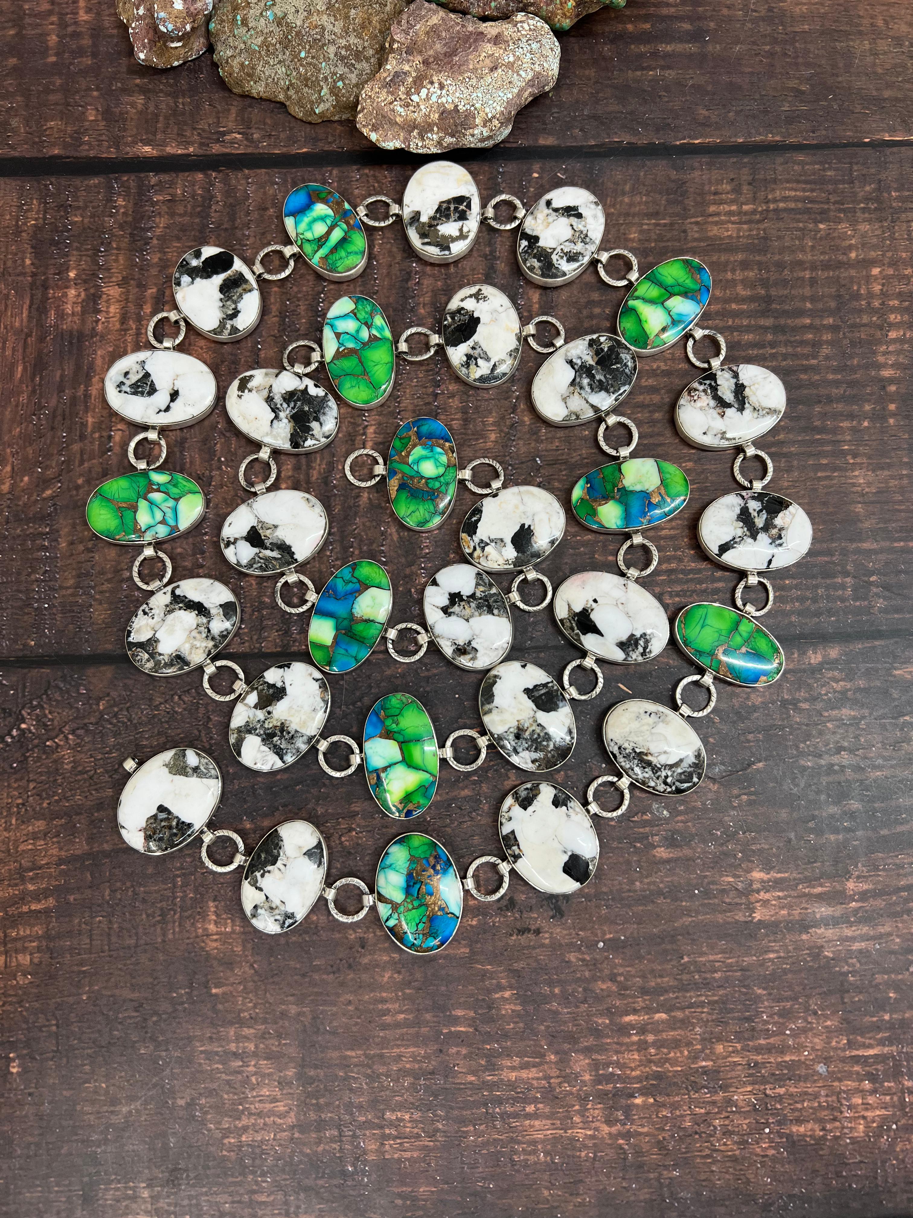 Handmade Sterling Silver White Buffalo with Peacock Dahlia Belt with Signed Nizhoni