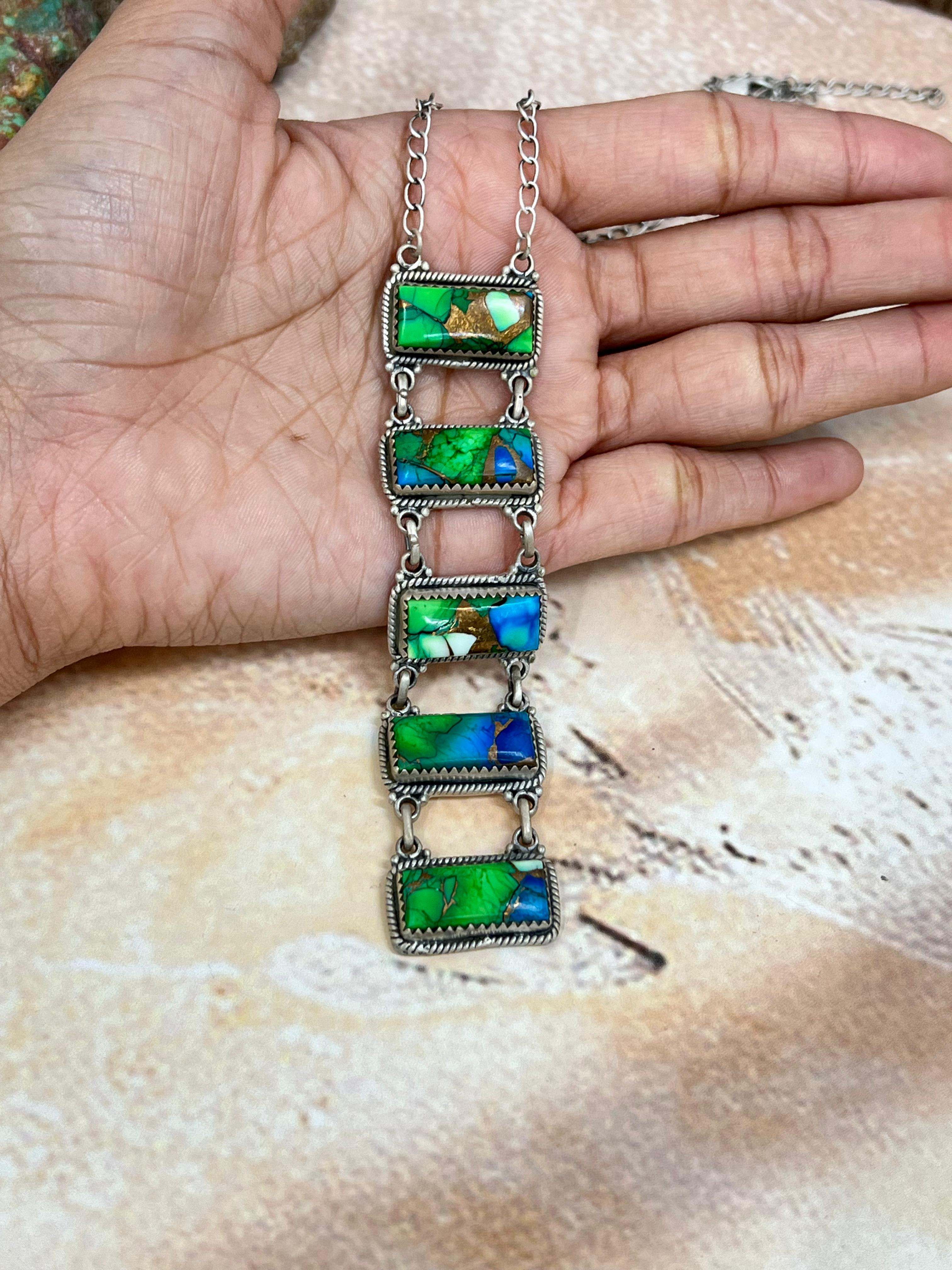 Handmade Sterling Silver Peacock Dahlia Stairs Style Necklace with Signed Nizhoni