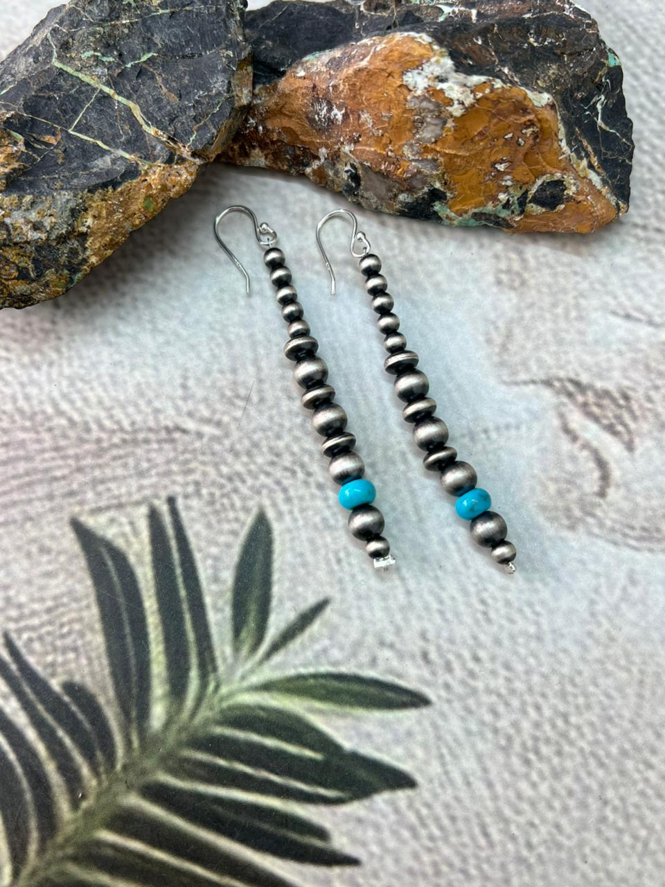 Handmade Sterling Silver Kingman Turquoise Beaded Hook Dangle Earrings