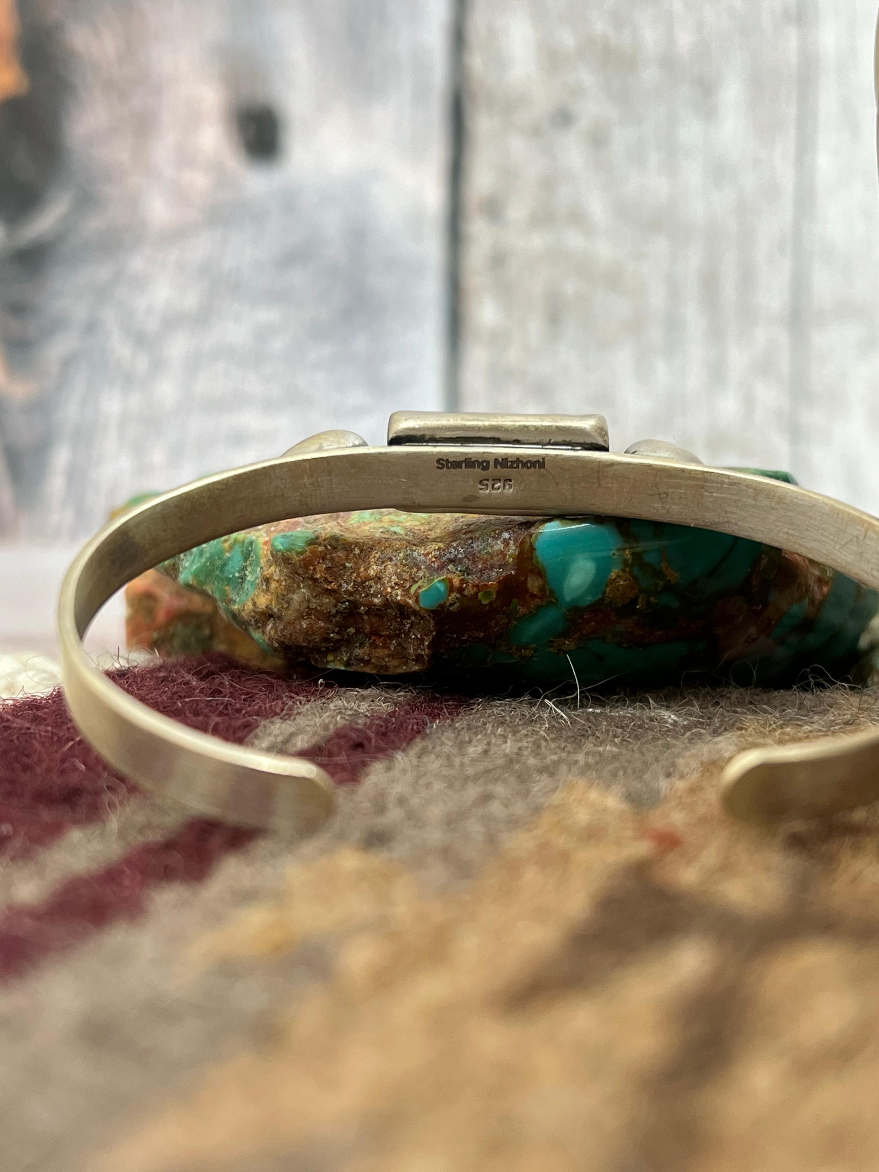 Handmade Sterling Silver Cotton Candy Turquoise Cuff Bracelet with Signed Nizhoni