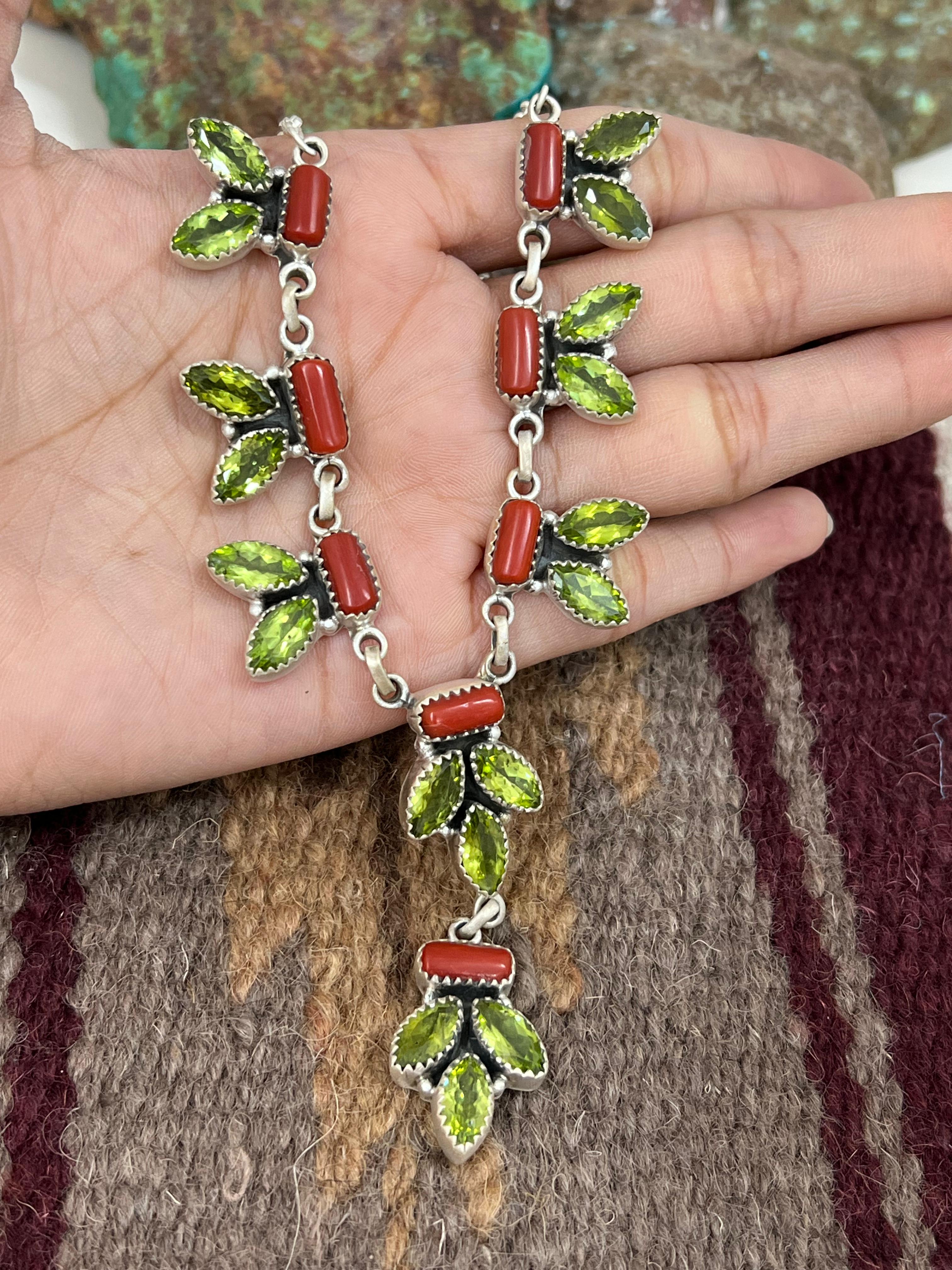 Christmas Collection Handmade Sterling Silver Coral with Peridot Necklace with Signed Nizhoni