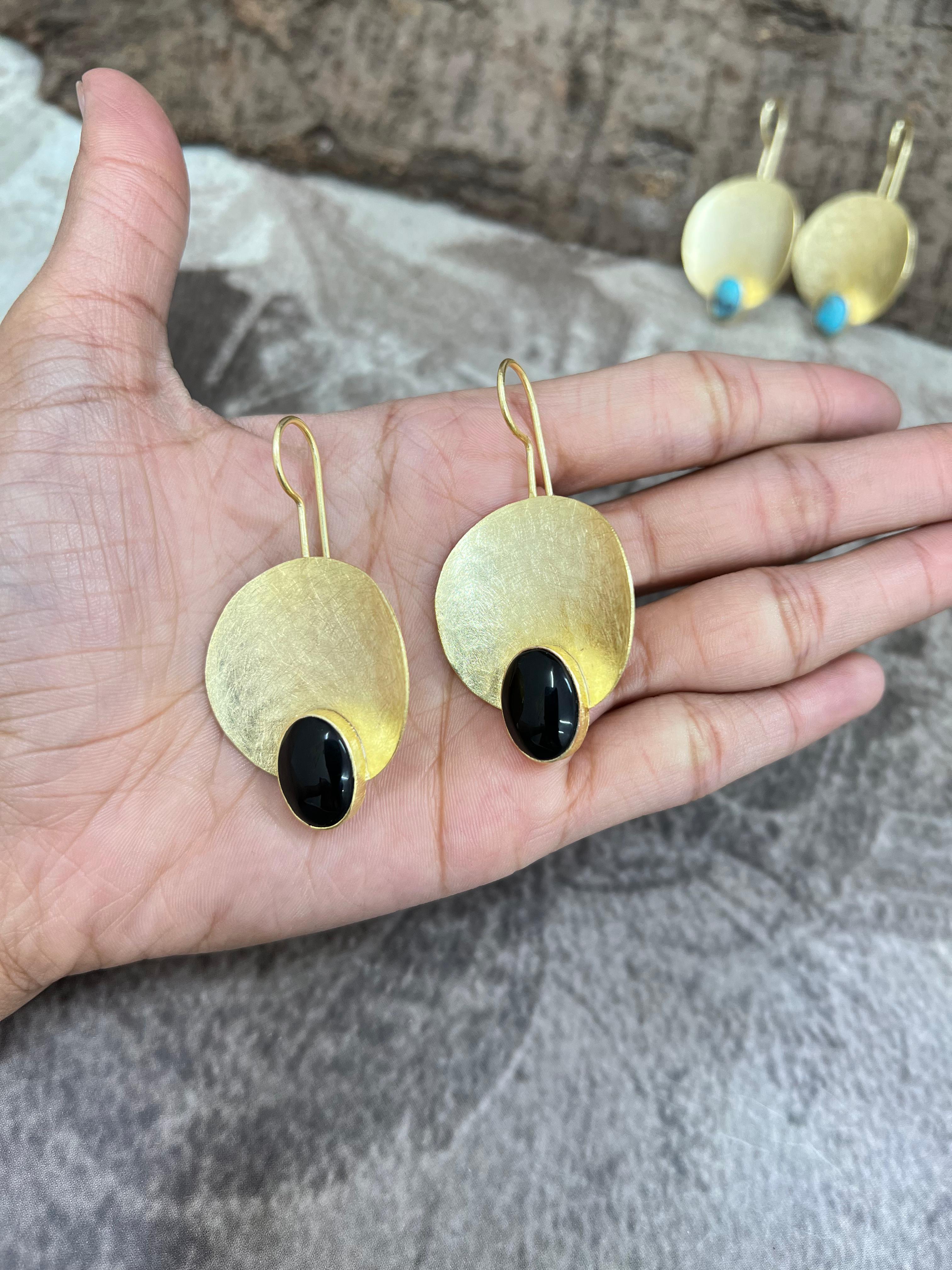 “The Golden Collection” Handmade Natural Black Onyx, Kingman Turquoise Hook Earrings
