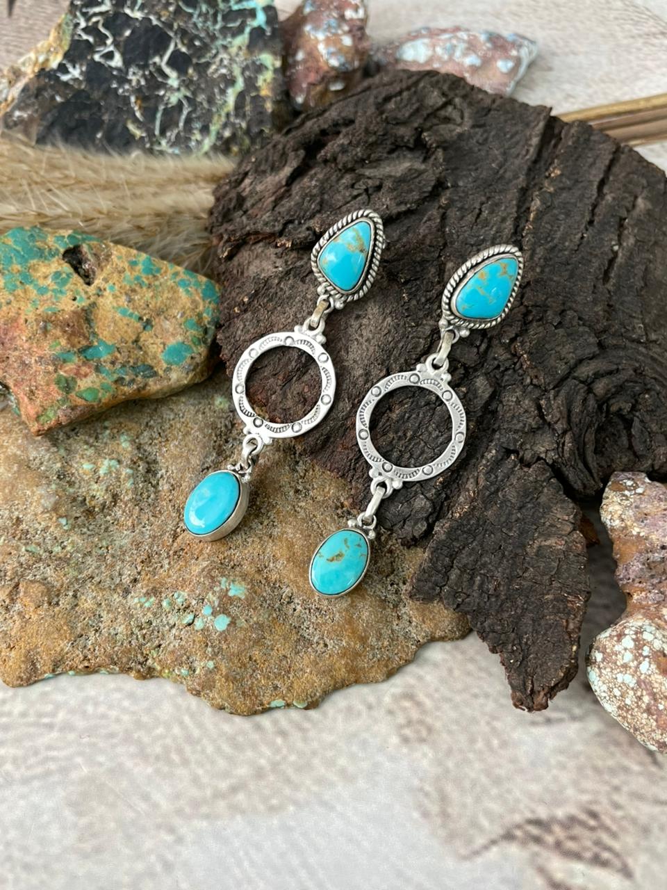 Handmade Sterling Silver Santa Maria Turquoise Post Dangle Earrings "Signed Nizhoni"