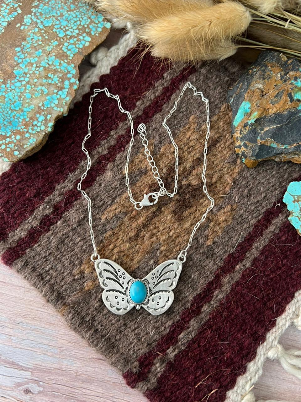 Handmade Sterling Silver Blue Turquoise Butterfly Necklace "Signed Nizhoni"