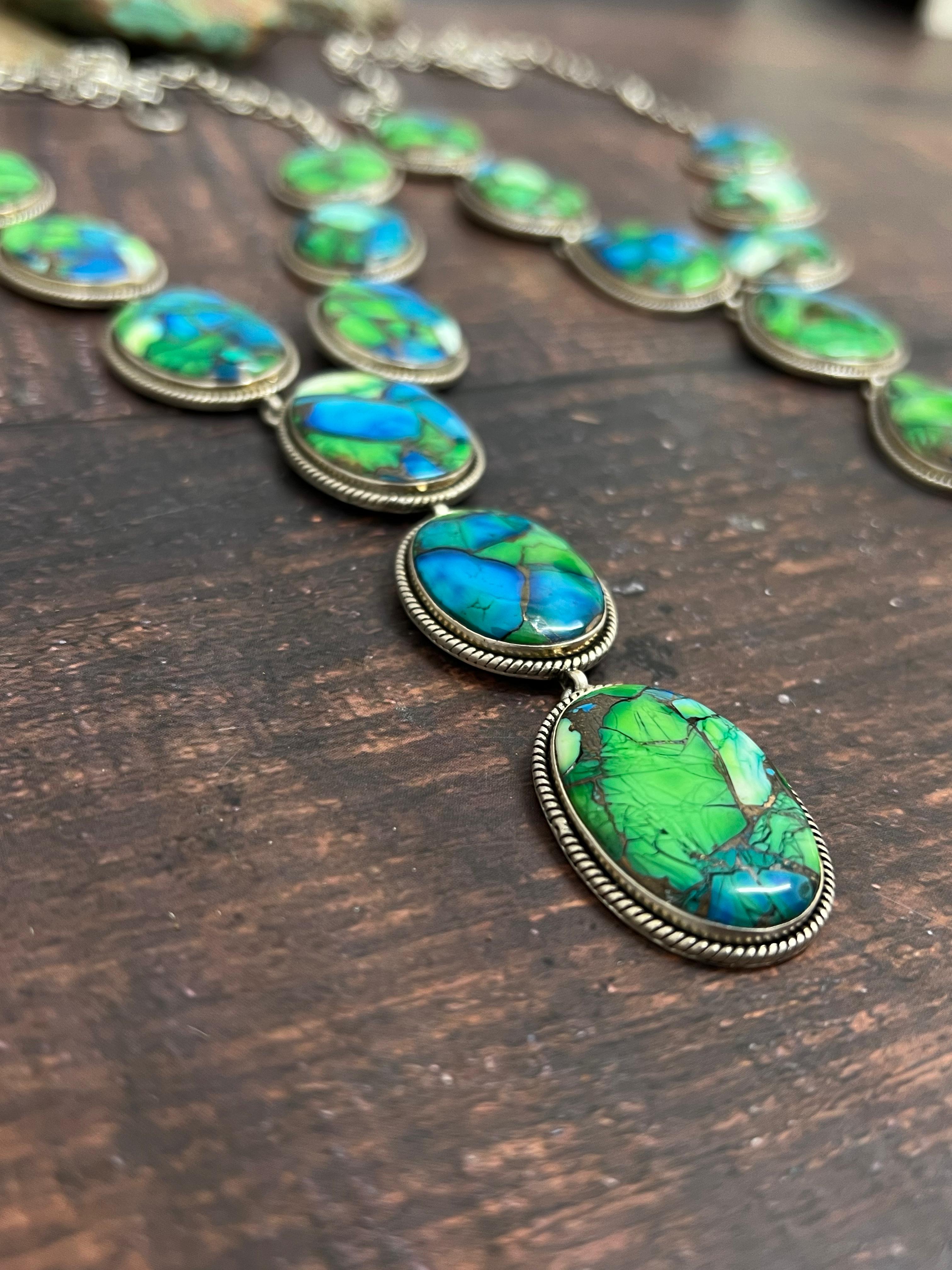 Handmade Sterling Silver Peacock Dahlia Necklace with Signed Nizhoni