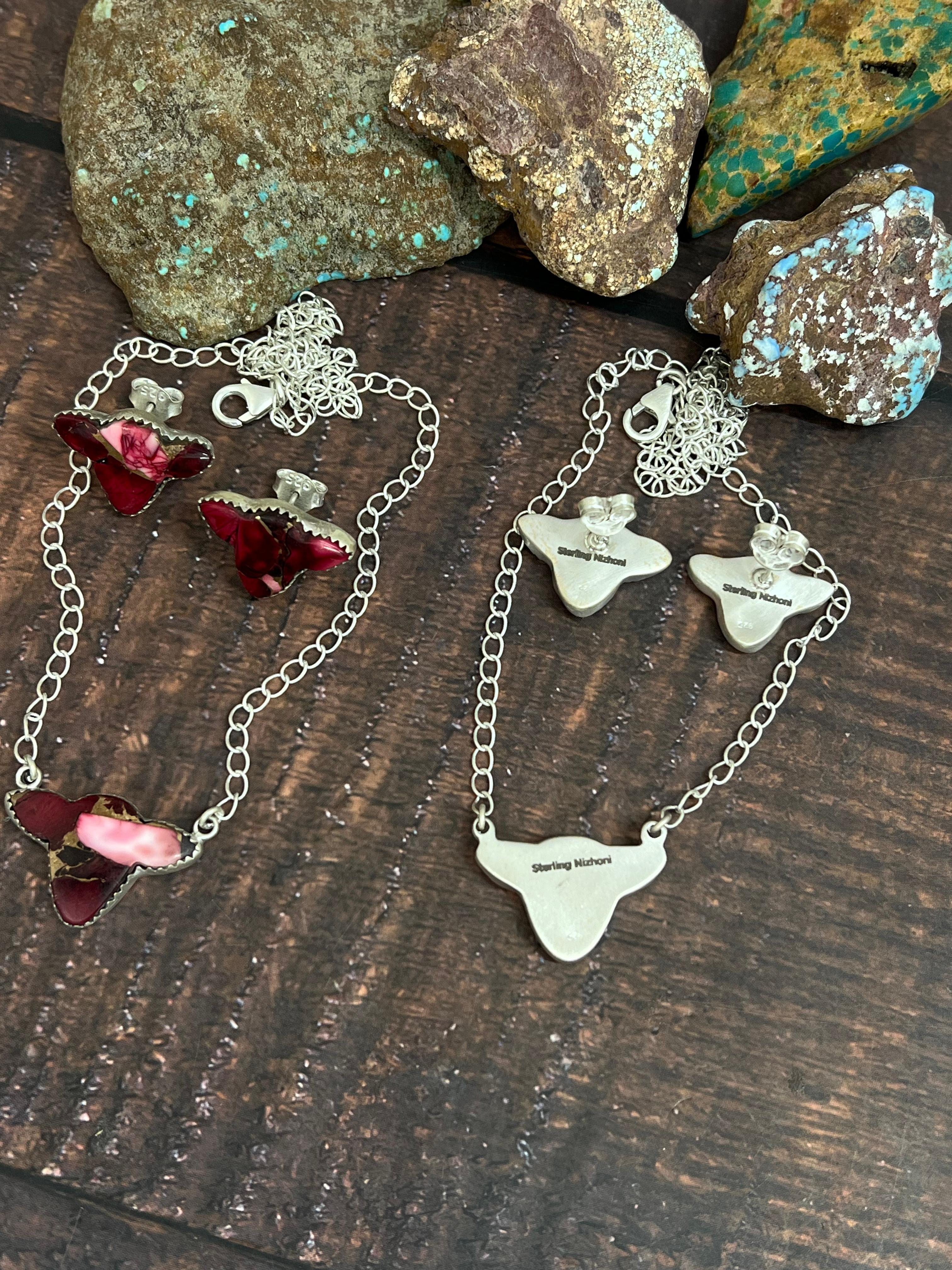 Handmade Sterling Silver Grape Dahlia, Dahlia Rose Bull Necklace Earrings Set with Signed Nizhoni